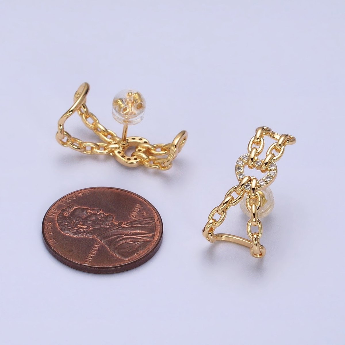 16K Gold Filled Chained Heart Micro Paved CZ Cable Link Stud Earrings in Gold & Silver | AD859 AD860