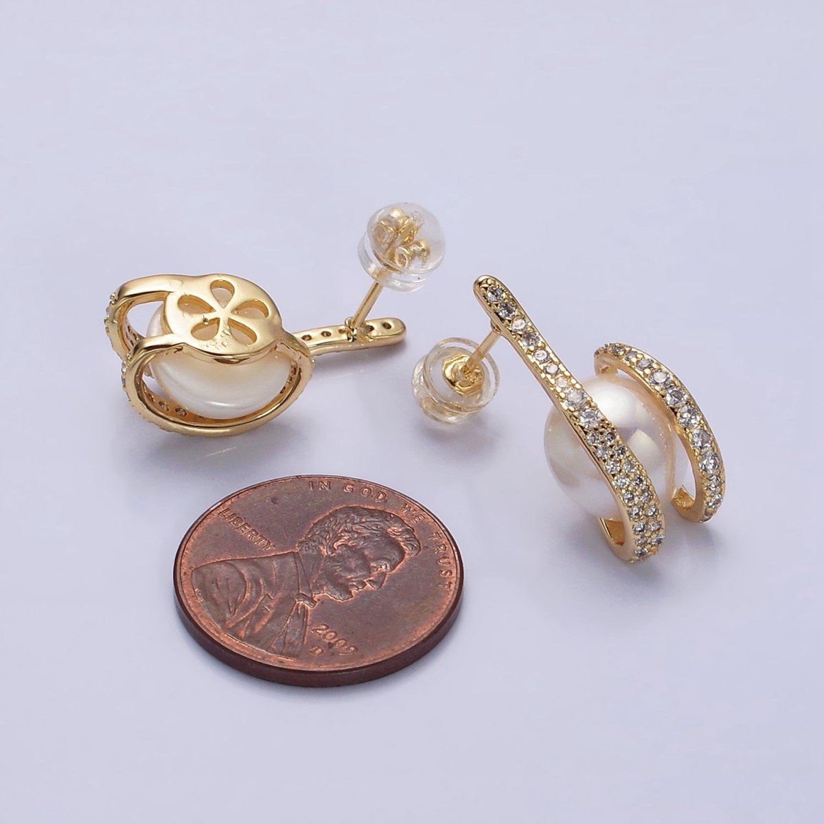 16K Gold Filled Clawed Iridescent Pearl Double Micro Paved CZ Band Stud Earrings in Gold & Silver | AD972 AD973