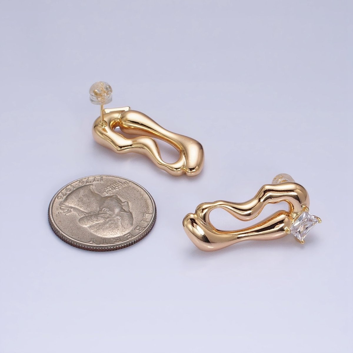 16K Gold Filled Clear Baguette Geometric Abstract Open Oblong Stud Earrings | AD1149 AD1150