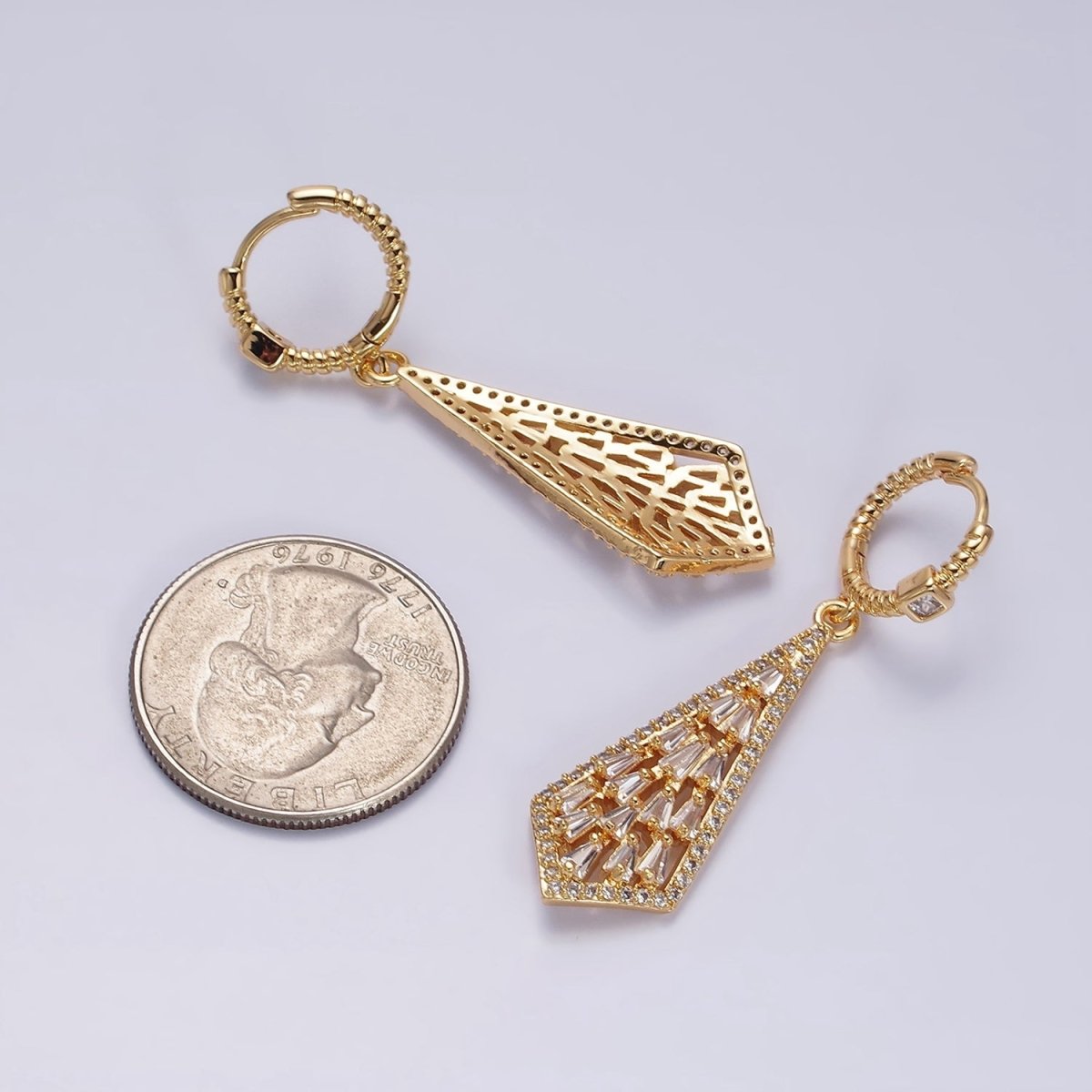 16K Gold Filled Clear Baguette Geometric Drop Twisted Square CZ Huggie Earrings in Gold & Silver | AD1183 AD1184