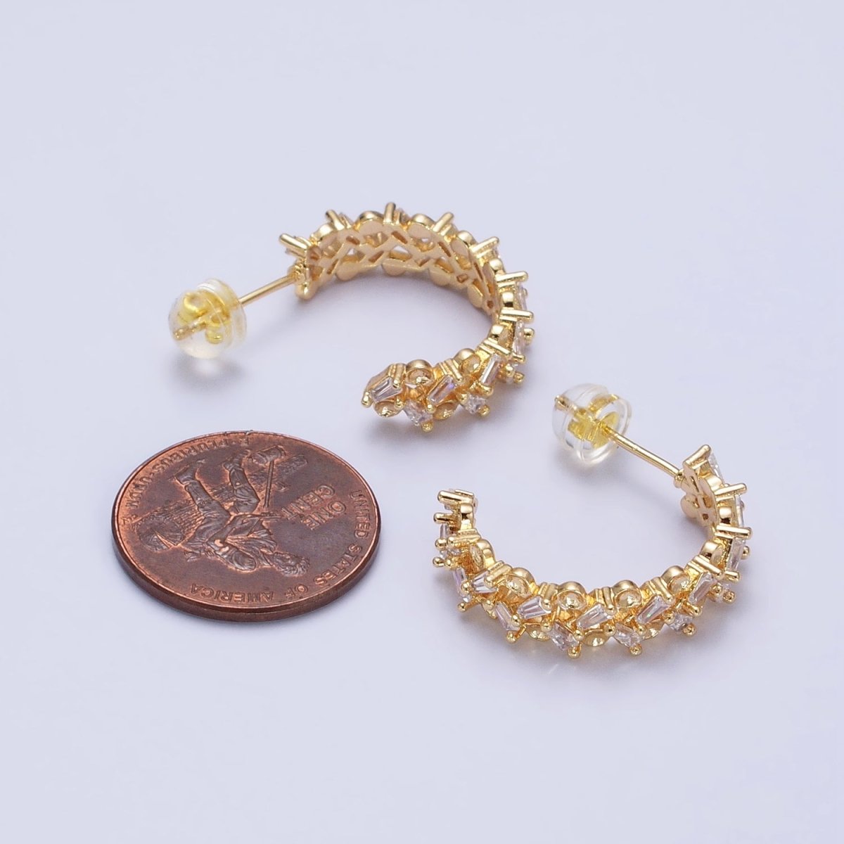16K Gold Filled Clear Baguette Zig-Zag Lined 20mm C-Shaped Hoop Earrings in Gold & Silver | AB508 AB514