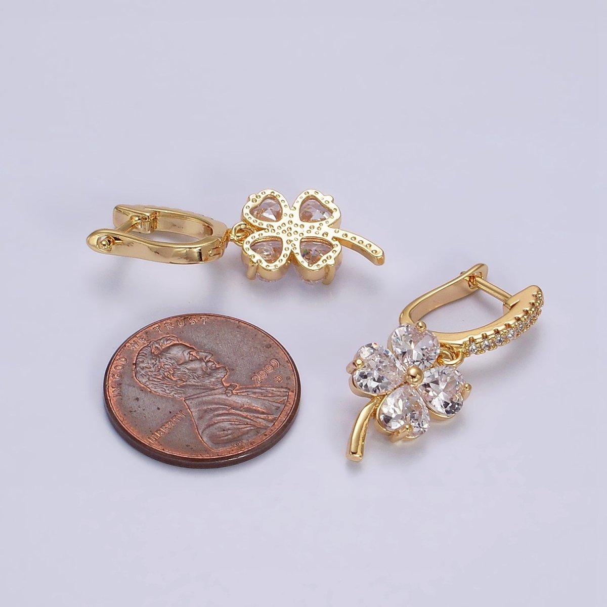 16K Gold Filled Clear Clover Quatrefoil Leaf Drop Micro Paved English Lock Earrings in Gold & Silver | AD-411 AD-412