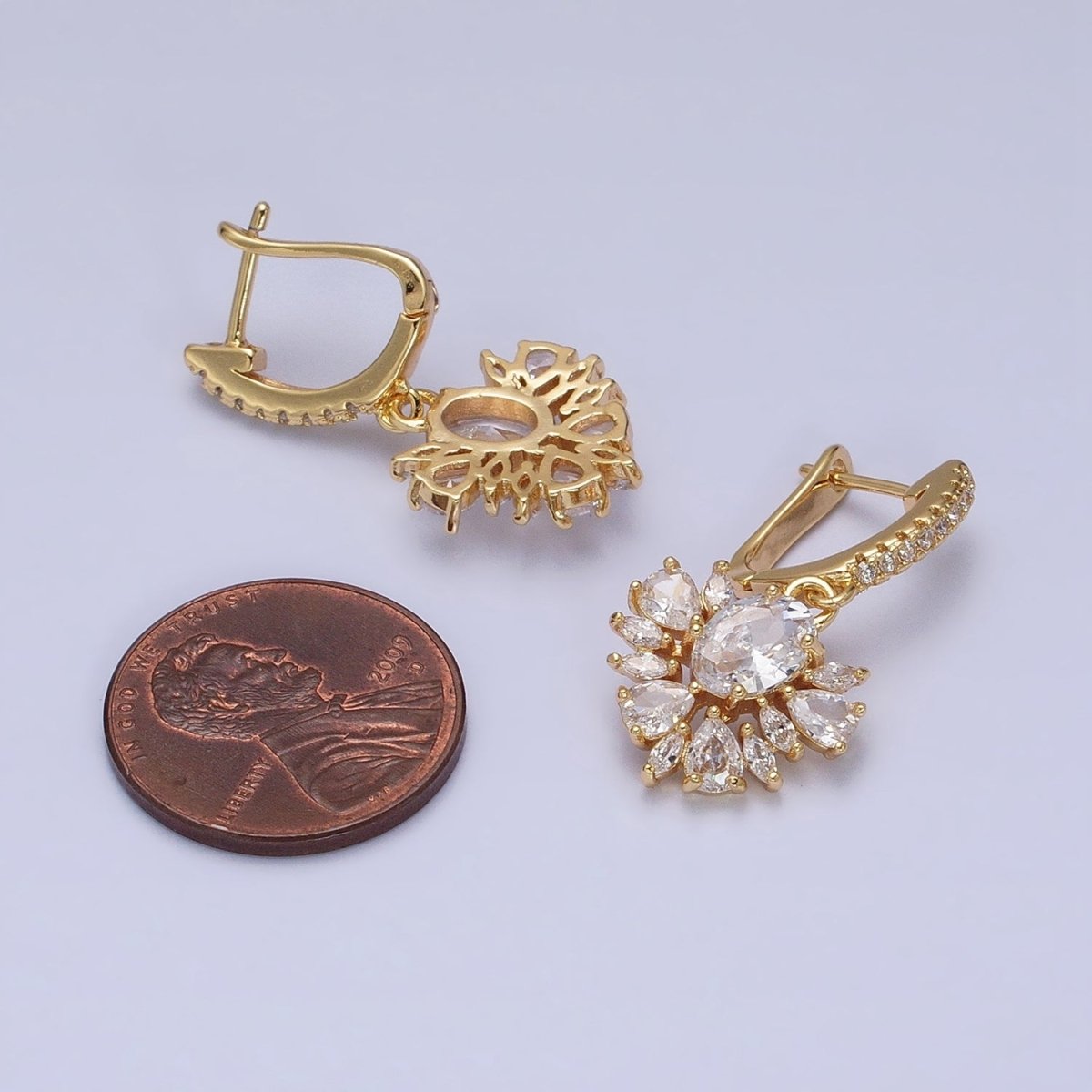 16K Gold Filled Clear CZ Celestial Sunburst Micro Paved English Lock Earrings in Gold & Silver | AD835 AD836