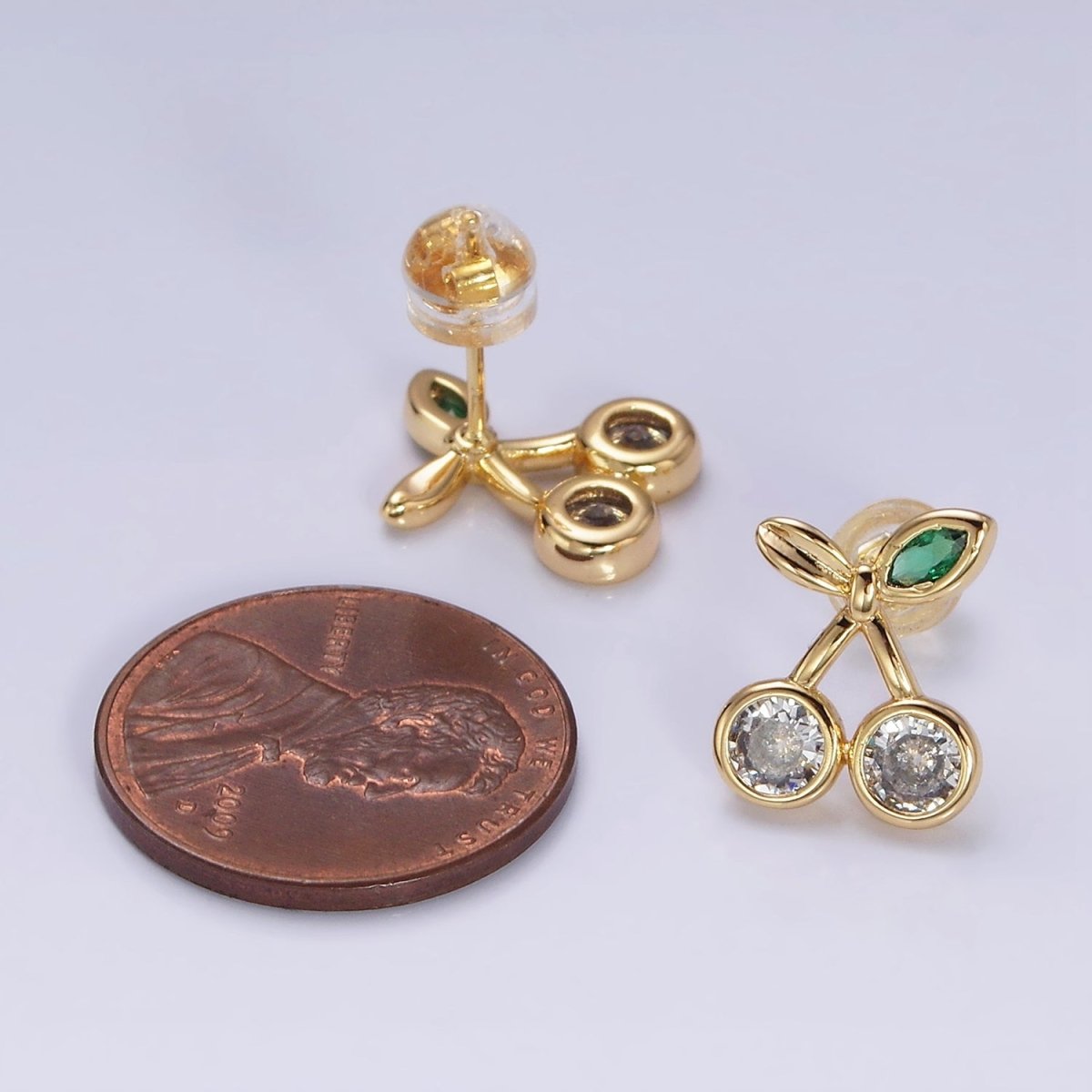 16K Gold Filled Clear CZ Cherry Fruit Green Leaf Stud Earrings in Gold & Silver | AD974 AD975