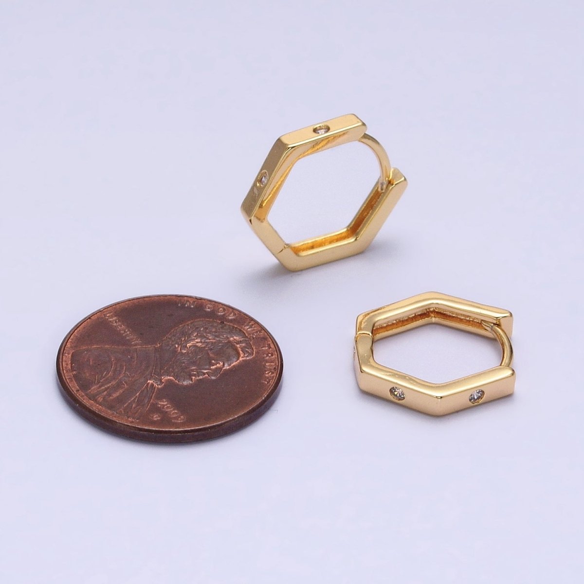 16K Gold Filled Clear CZ Dot Hexagonal Huggie Earrings in Gold & Silver | AB948 AB895