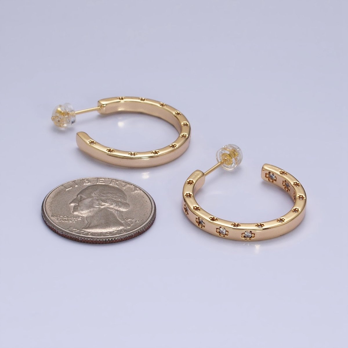 16K Gold Filled Clear CZ Flower Dotted Front-Facing C-Shaped Hoop Earrings in Gold & Silver | AD1302 AD1303