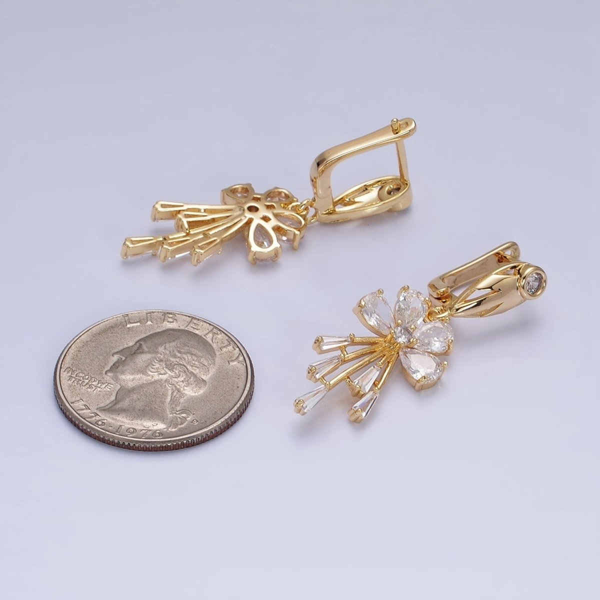 16K Gold Filled Clear CZ Flower Teardrop Baguette Drop English Lock Earrings in Gold & Silver | AD1287 AD1288