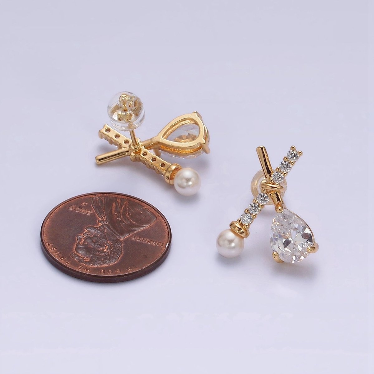 16K Gold Filled Clear CZ Micro Paved X Claw Double Band Stud Earrings | AE842