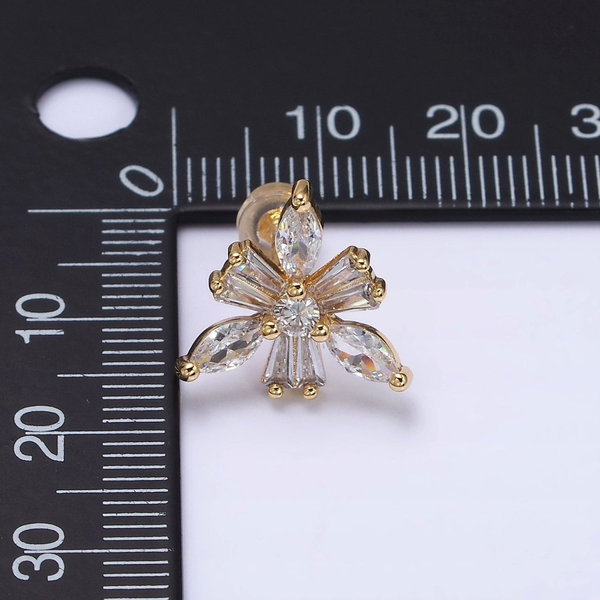 16K Gold Filled Clear CZ Snowflake Flower Baguette Marquise Stud Earrings in Gold & Silver | AD1237 AD1238