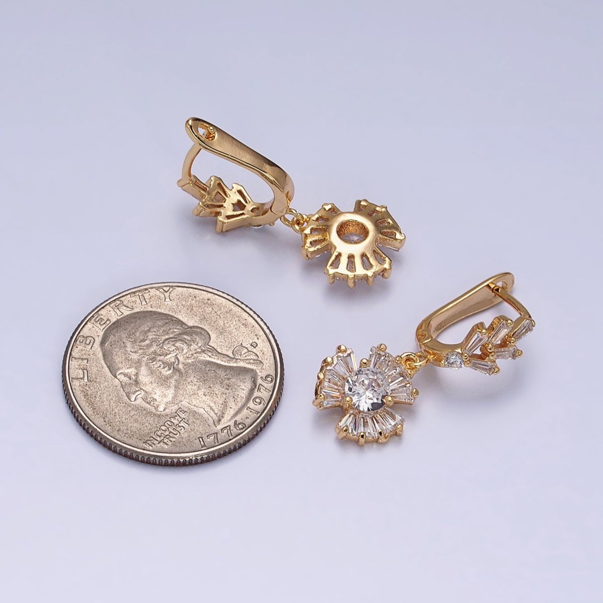 16K Gold Filled Clear CZ Sunburst Drop Baguette English Lock Earrings in Gold & Silver | AD861 AD862