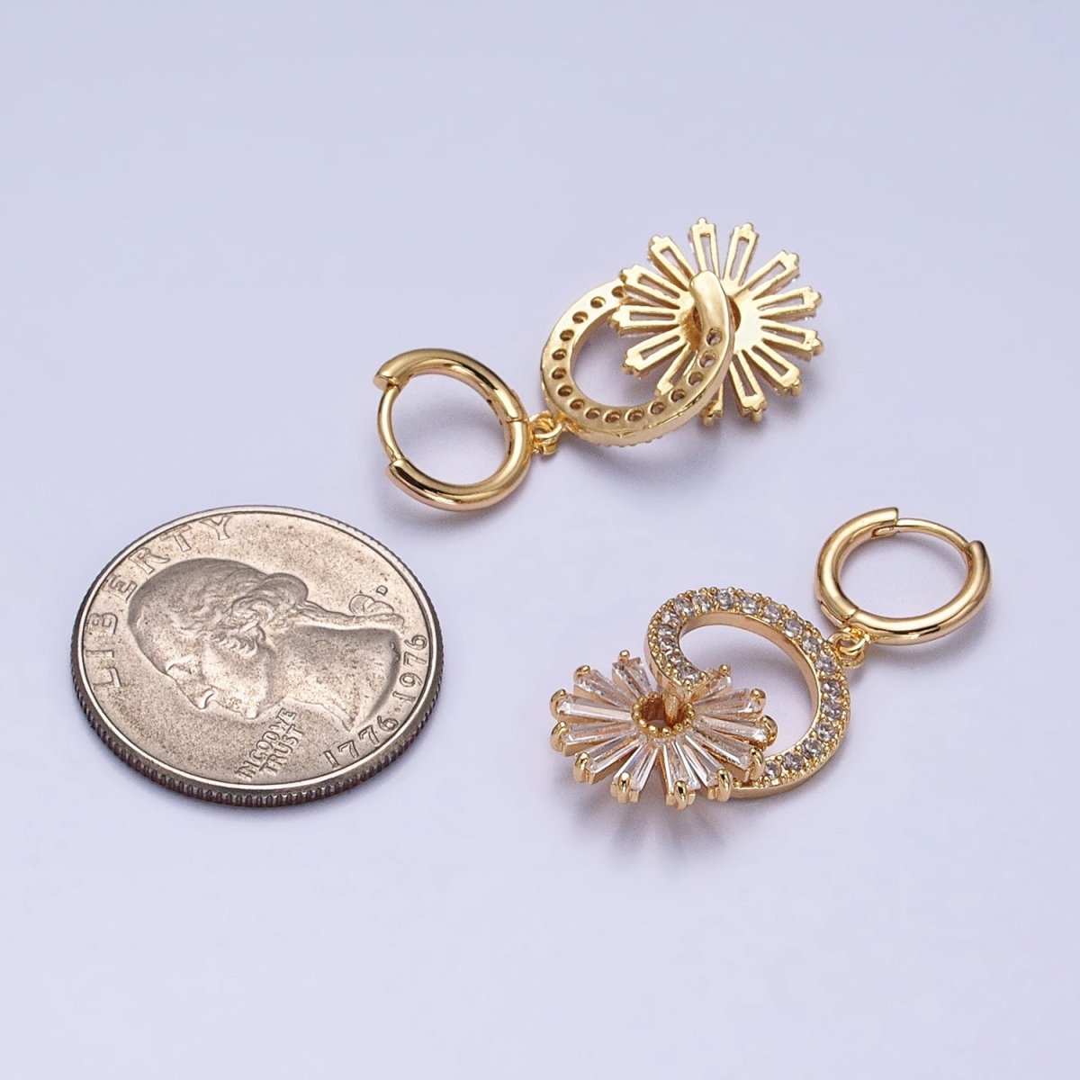 16K Gold Filled Clear Flower Baguette Circular Drop Huggie Earrings | AD820