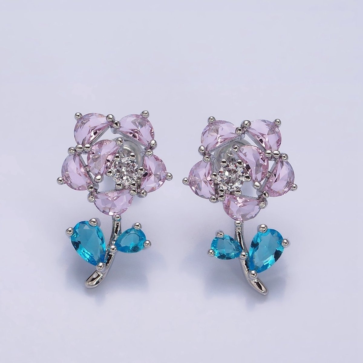 16K Gold Filled Clear, Fuchsia, Pink CZ Flower Leaf Multicolor Stud Earrings in Gold & Silver | AD1018 - AD1023