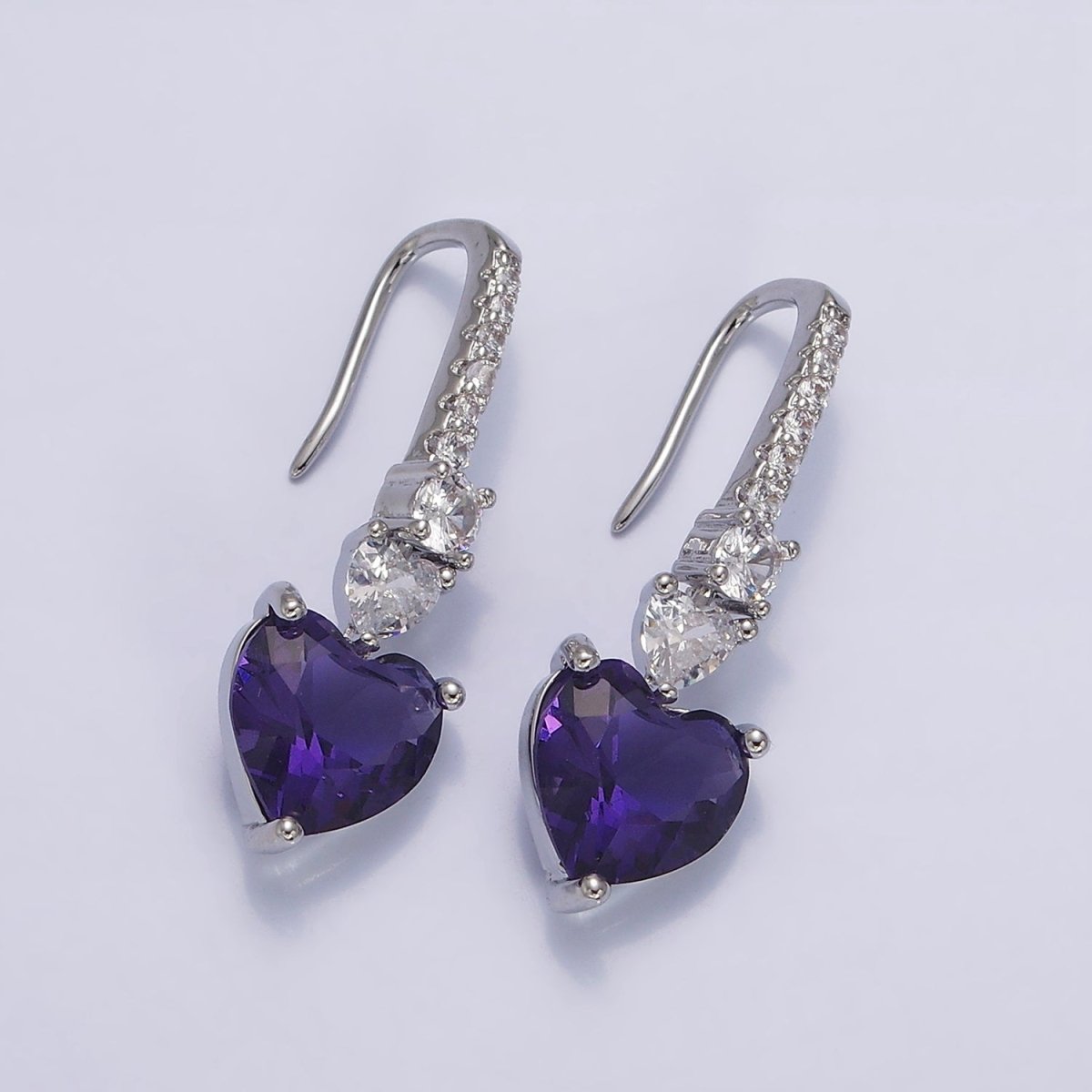 16K Gold Filled Clear, Green, Pink, Red, Blue, Purple CZ Heart Drop Micro Paved French Hook Earrings in Gold & Silver | AD1040 - AD1051