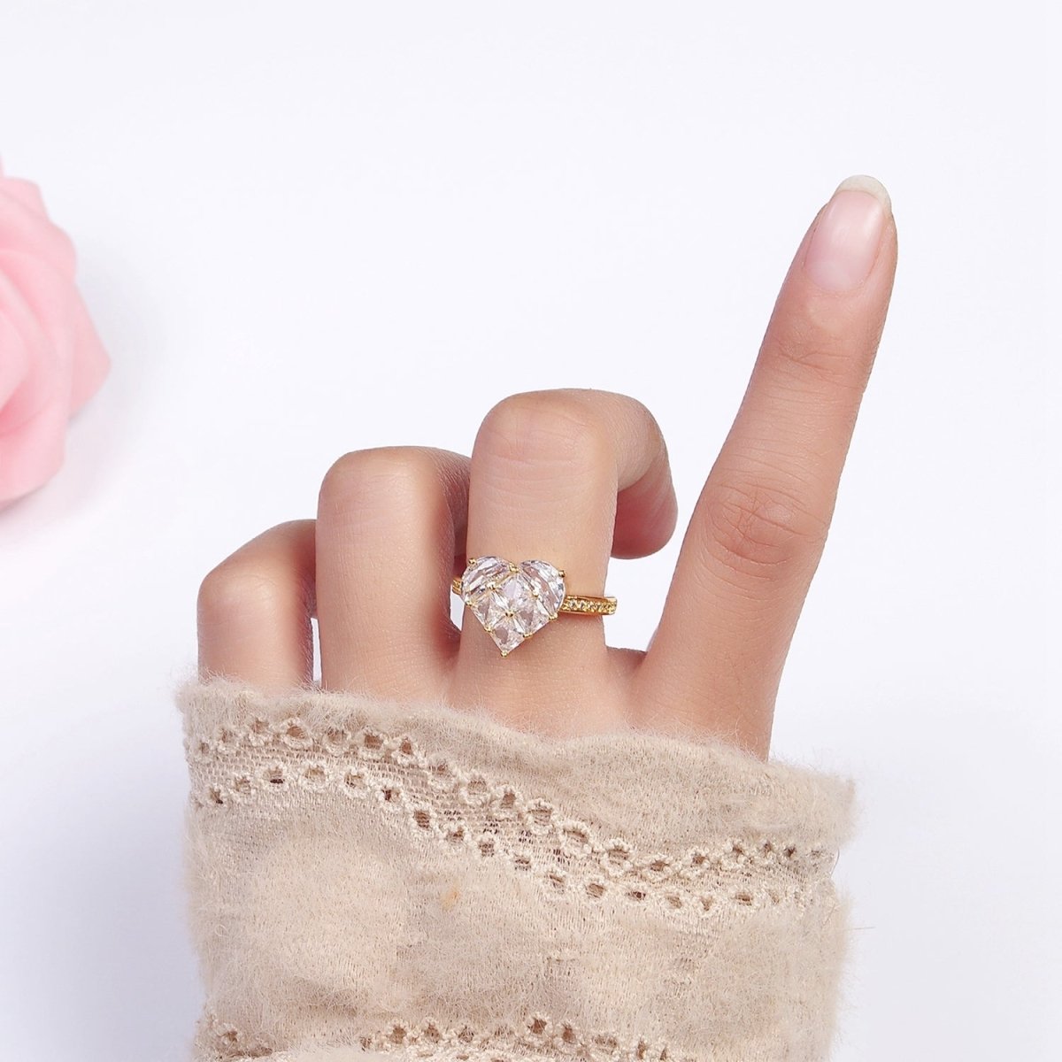 16K Gold Filled Clear Heart CZ Micro Paved Adjustable Ring in Gold & Silver | O-1597 O-1598