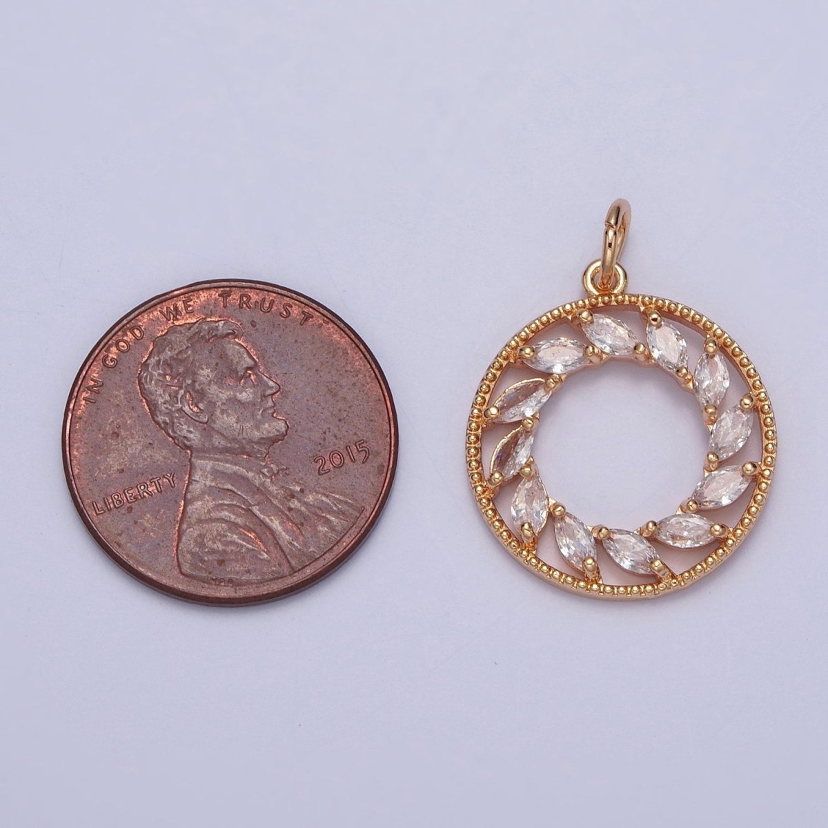 16K Gold Filled Clear Marquise CZ Spiral Open Round Medallion Charm | X-219