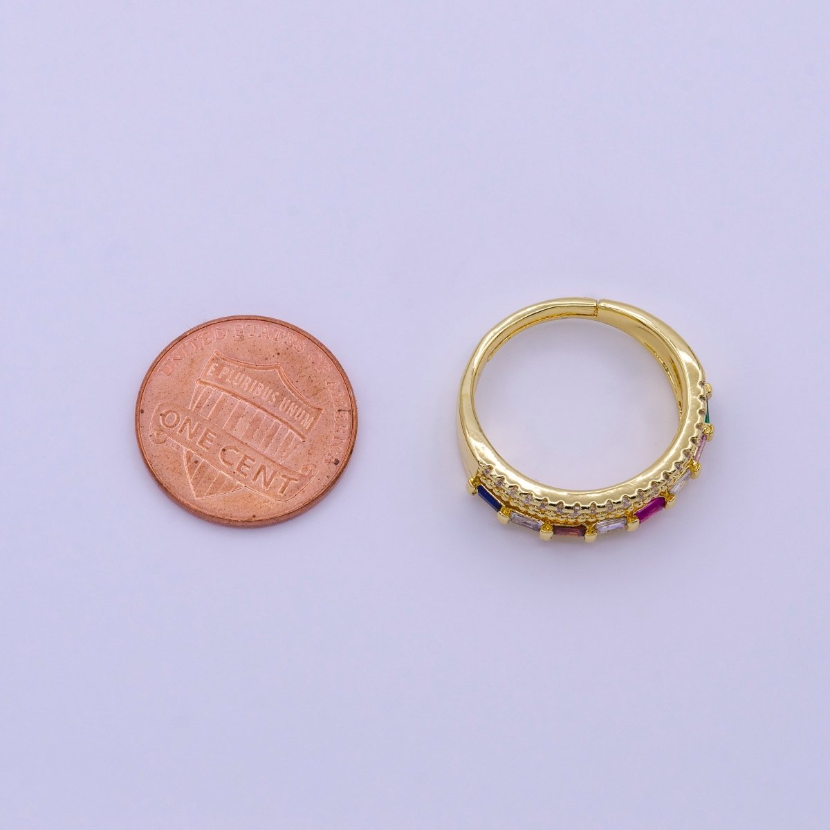 16K Gold Filled Clear, Multicolor Baguette Beaded Micro Paved CZ Adjustable Ring | O-1567 O-1568