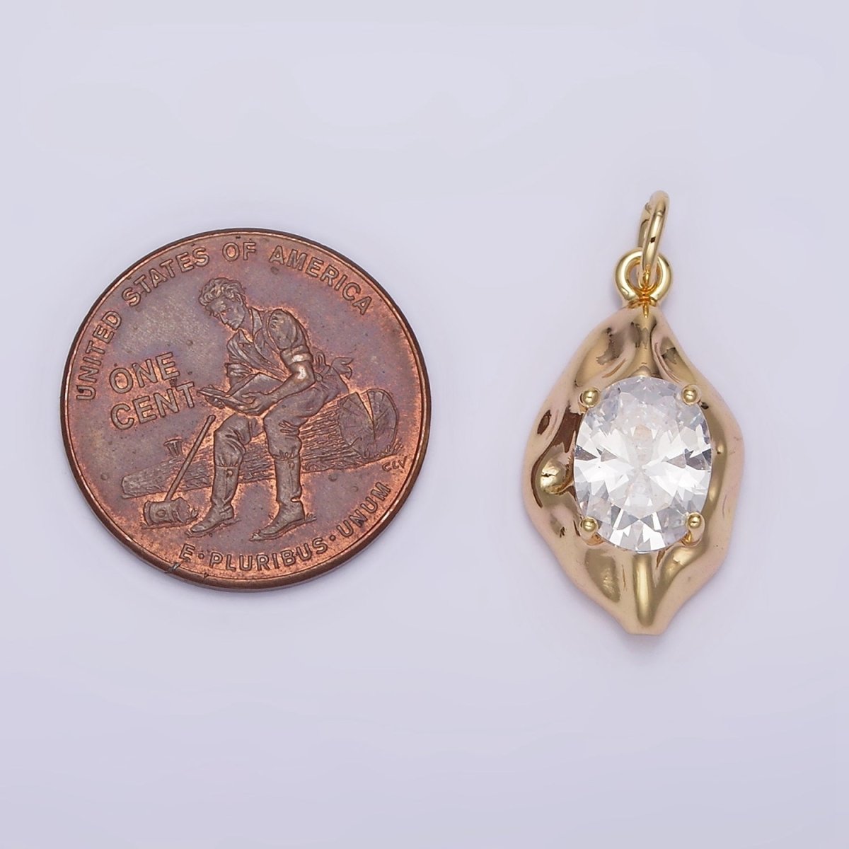 16K Gold Filled Clear Oval CZ Hammered Molten Charm | N940