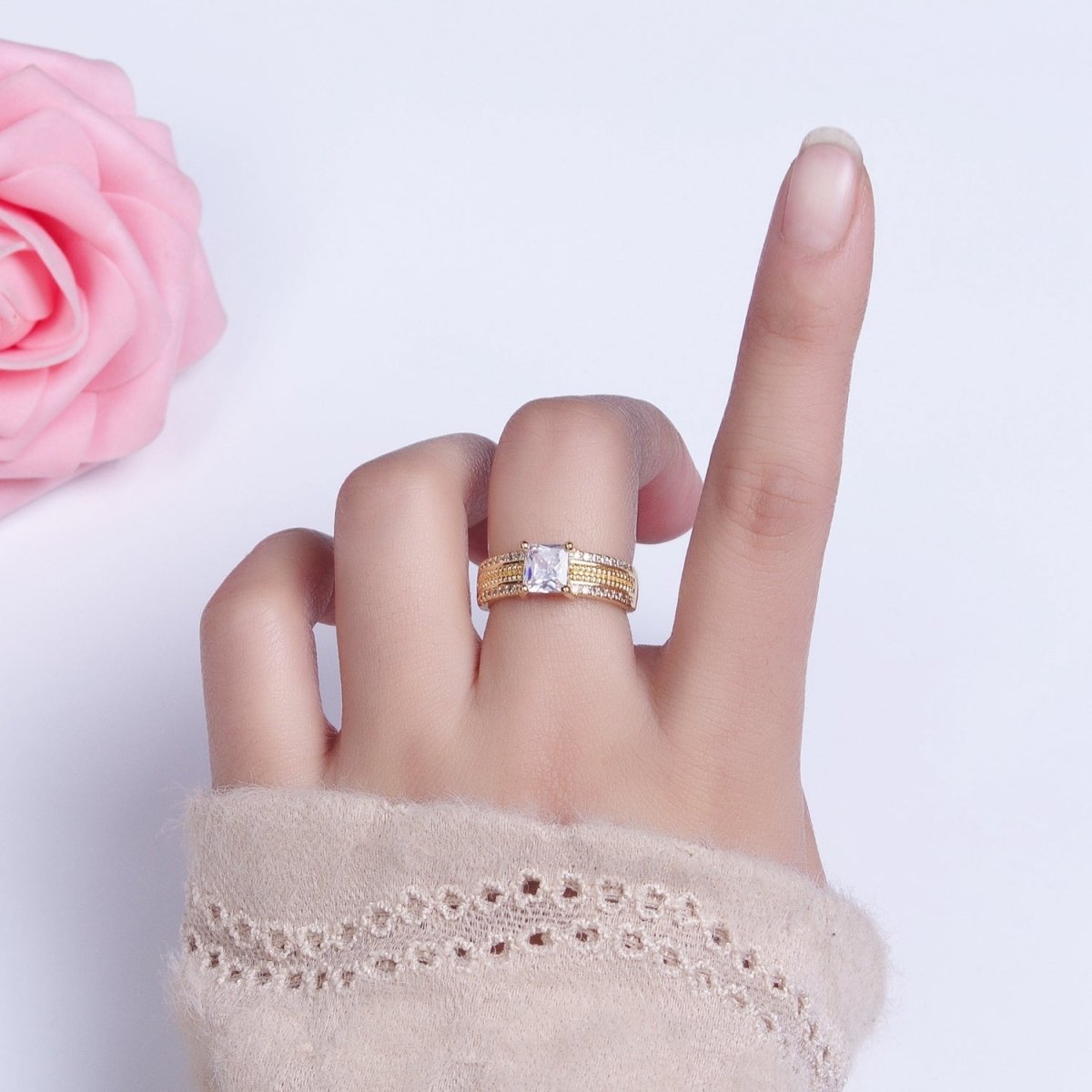 16K Gold Filled Clear Square CZ Curb Textured Band Ring in Gold & Silver O-1918 O-1919