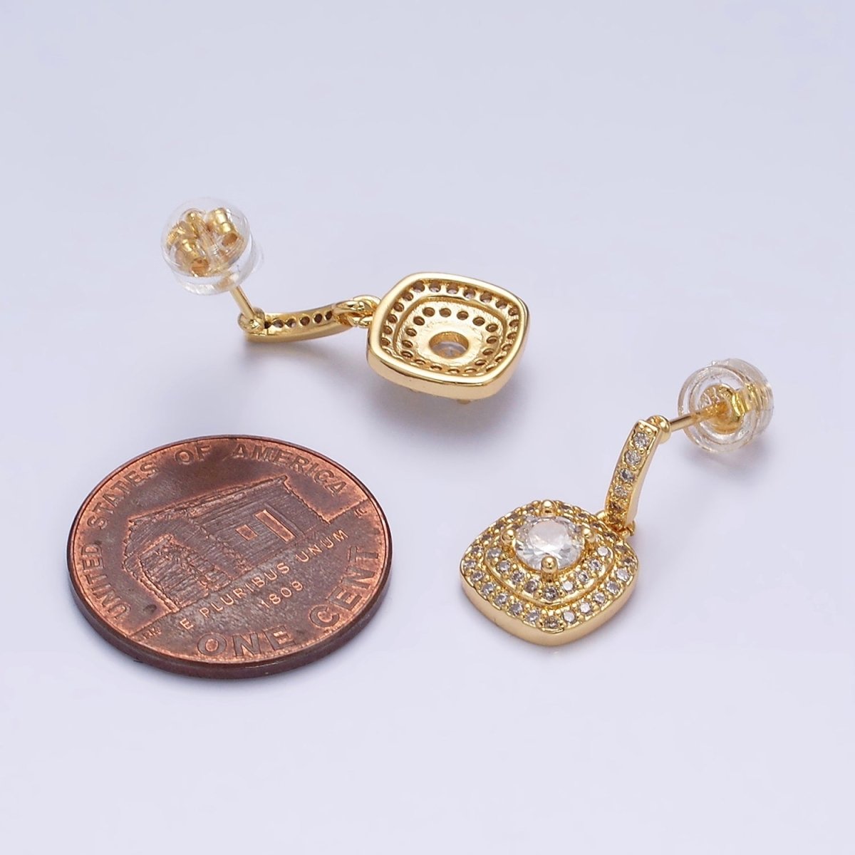 16K Gold Filled Clear Square Micro Paved Round CZ Drop Linear Stud Earrings in Gold & Silver | AD-317 AD-318