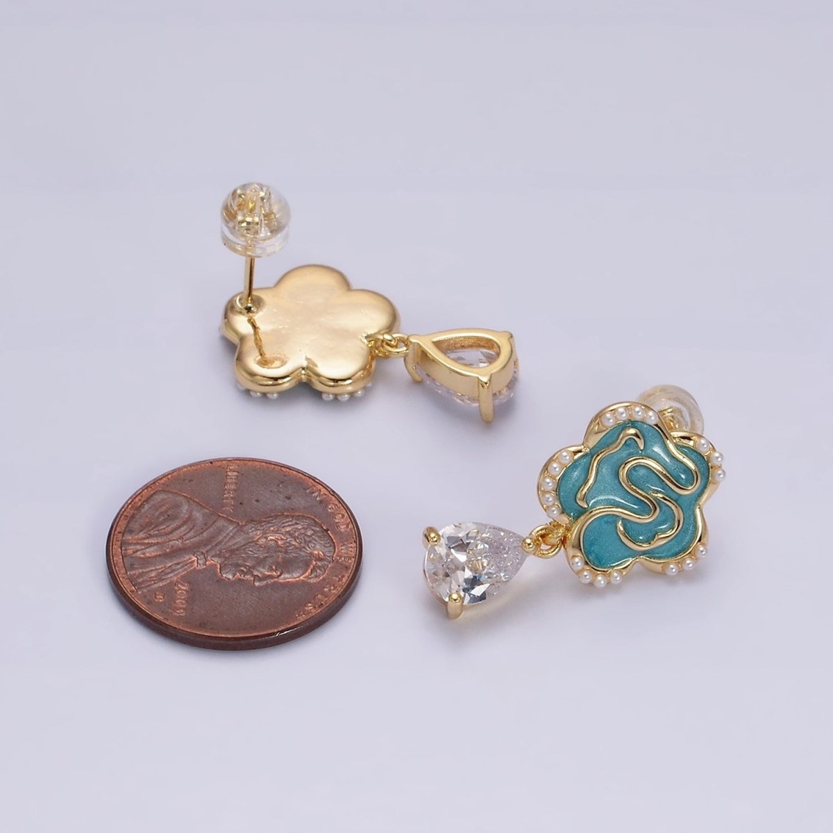 16K Gold Filled Clear Teardrop CZ Drop Teal Sparkly Enamel Abstract Pearl Lined Flower Stud Earrings in Gold & Silver | AD-385 AD-386