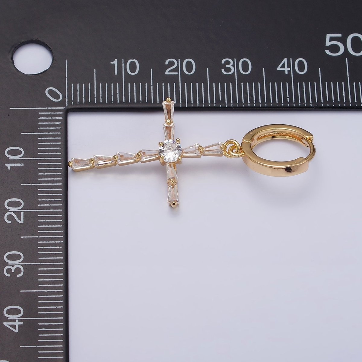16K Gold Filled Clear Triangle Baguette Lined Religious Cross Drop Huggie Earrings in Silver & Gold | AD-456 AD-1233