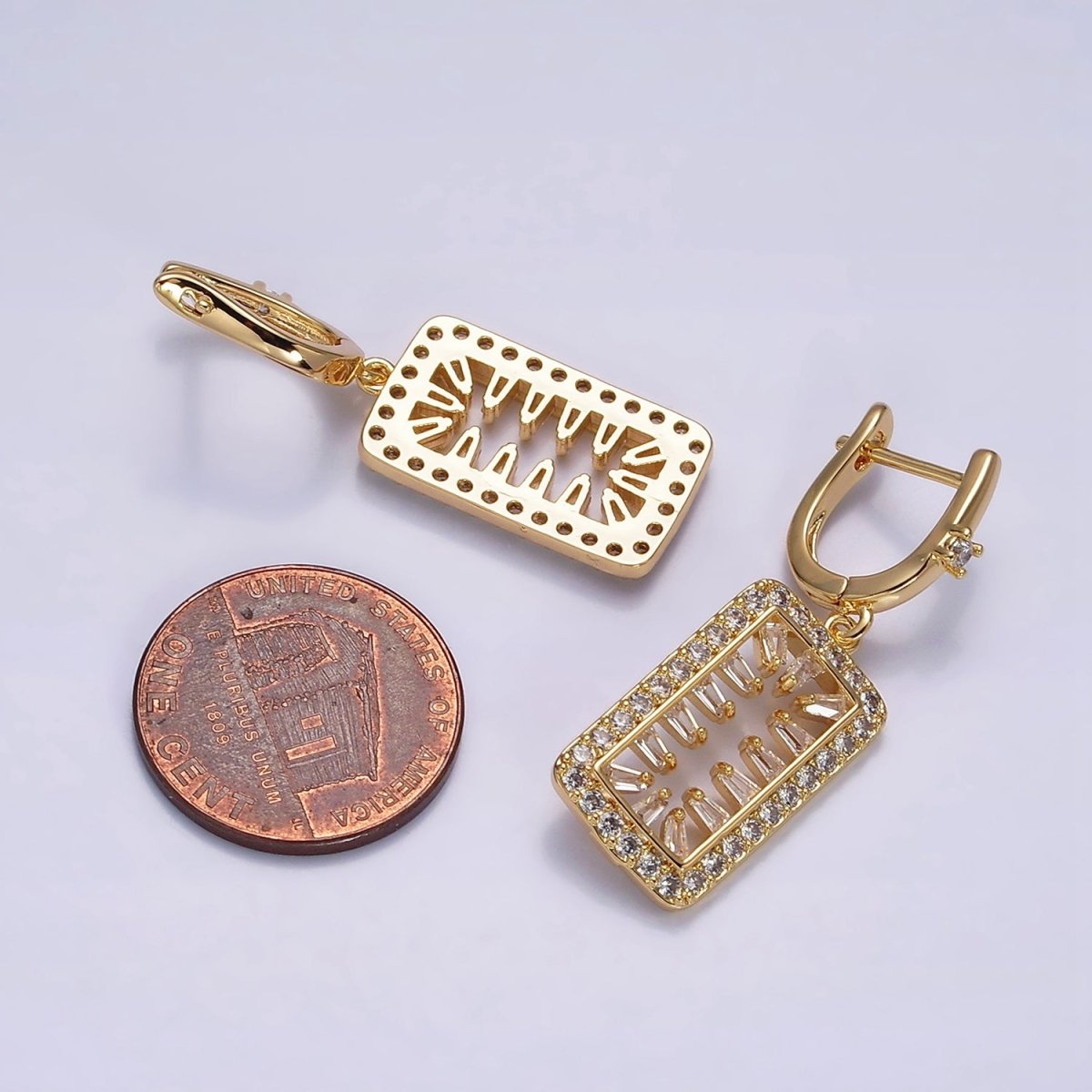 16K Gold Filled Clear Triangle Baguette Open Micro Paved Tag Drop English Lock Earrings in Silver & Gold | AB1504 AD1017