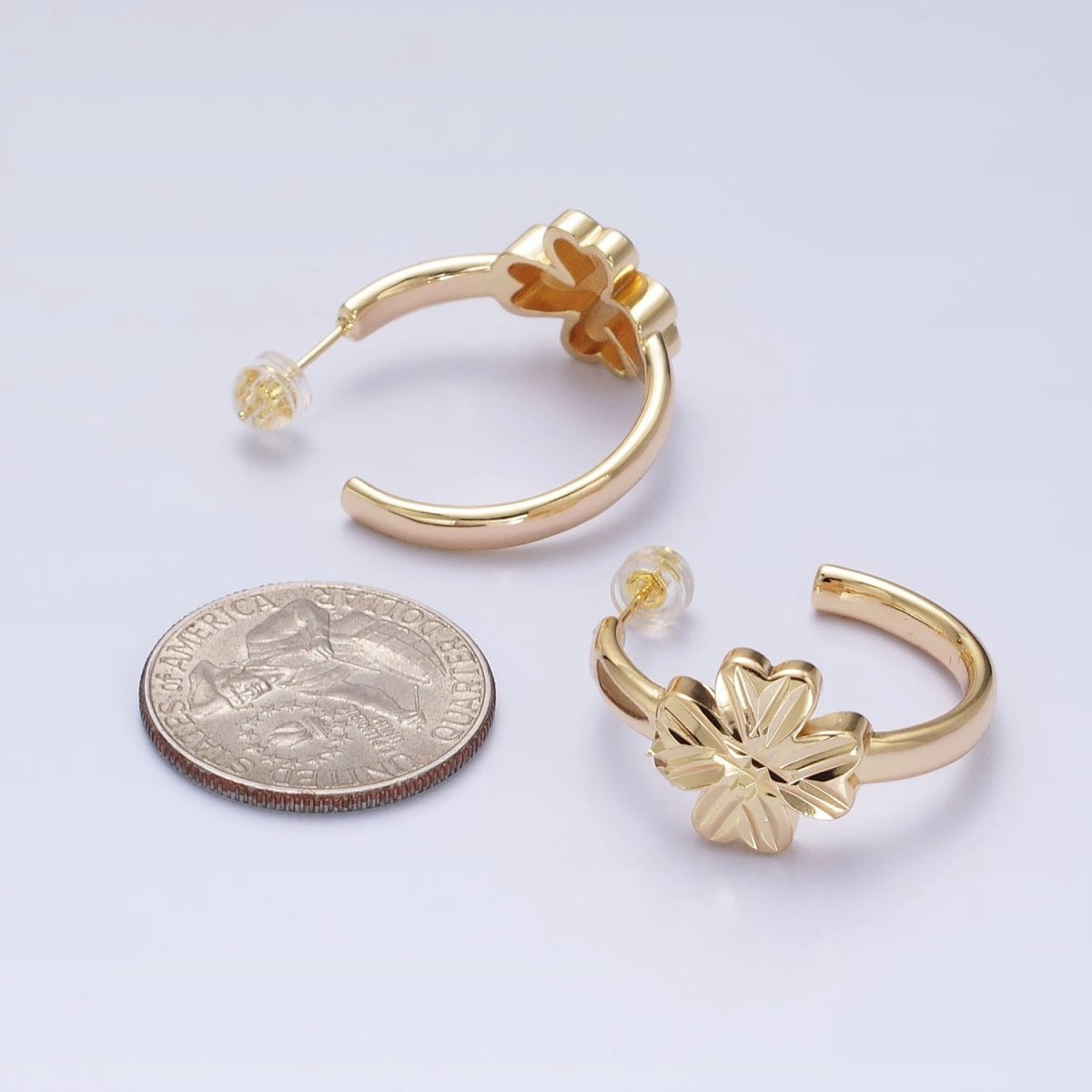 16K Gold Filled Clover Quatrefoil 30mm C-Shaped Hoop Earrings in Gold & Silver | AB473 AB474