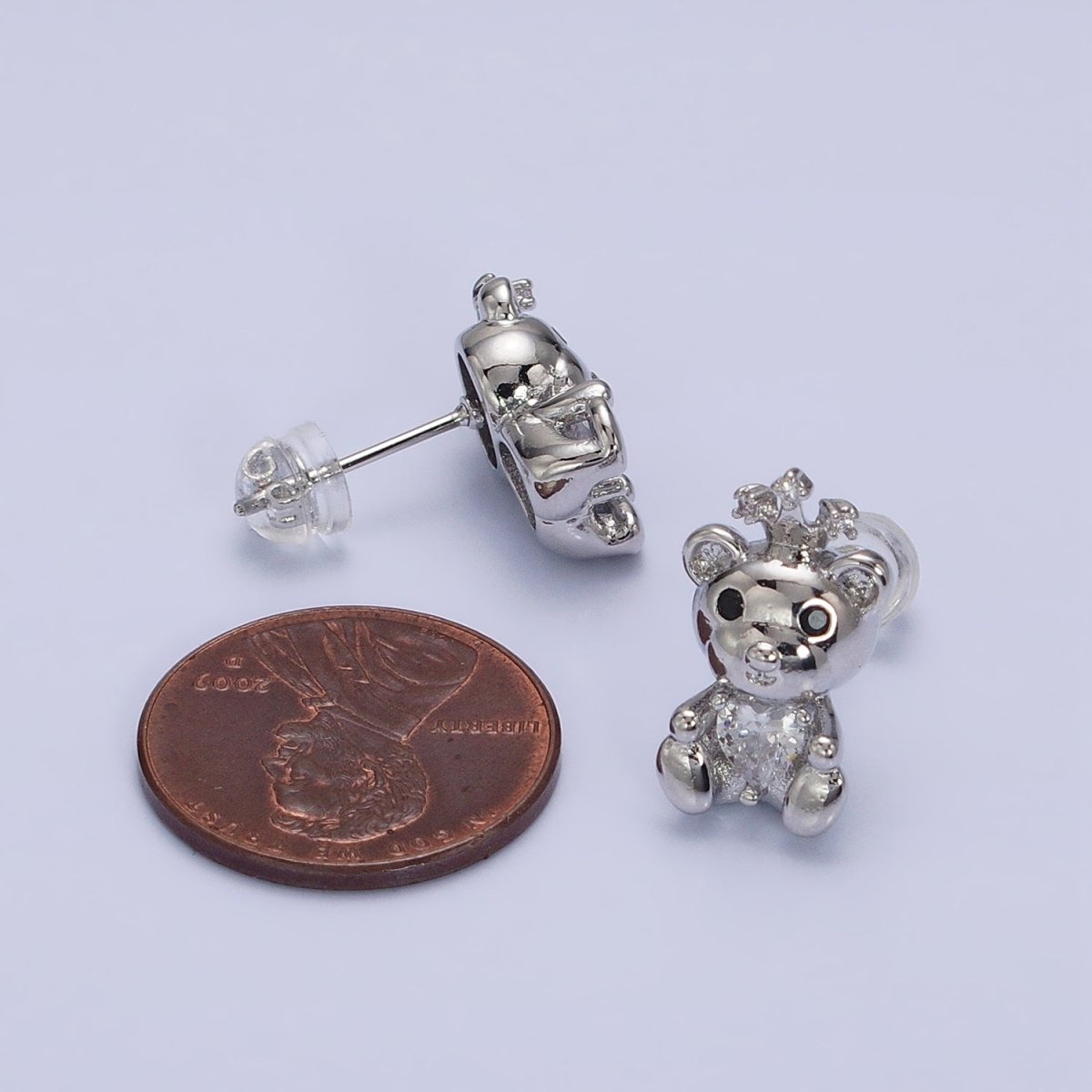 16K Gold Filled Crowned King Teddy Bear Clear CZ Heart Stud Earrings in Silver & Gold | AB1539 AD822