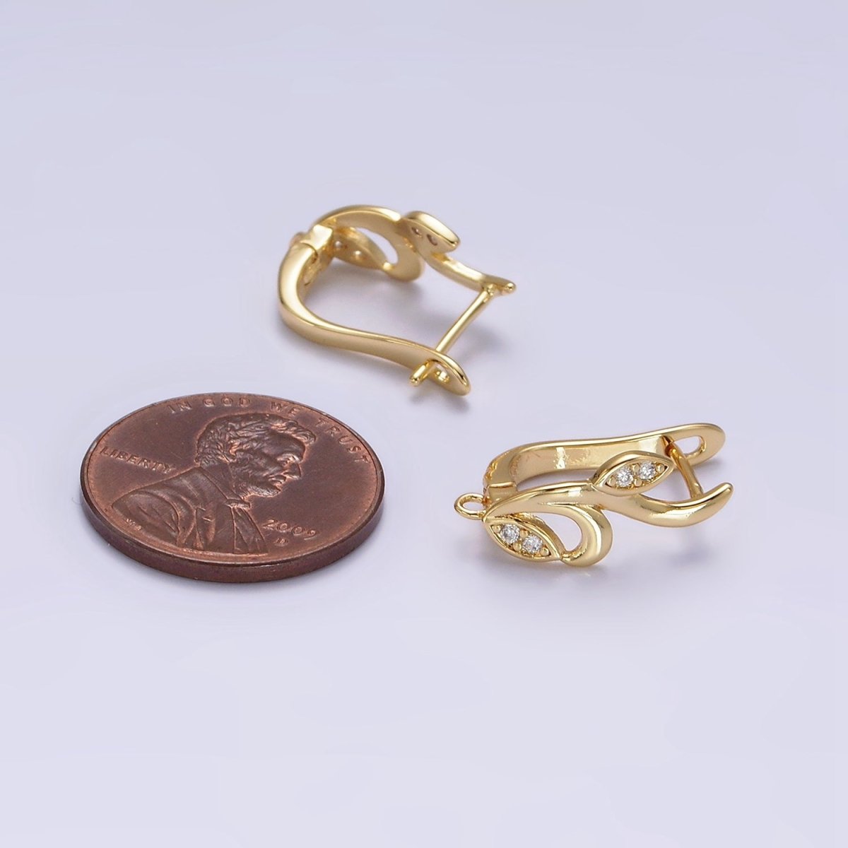 16K Gold Filled Curved Flower Clear Micro Paved CZ English Lock Earrings | Z-466