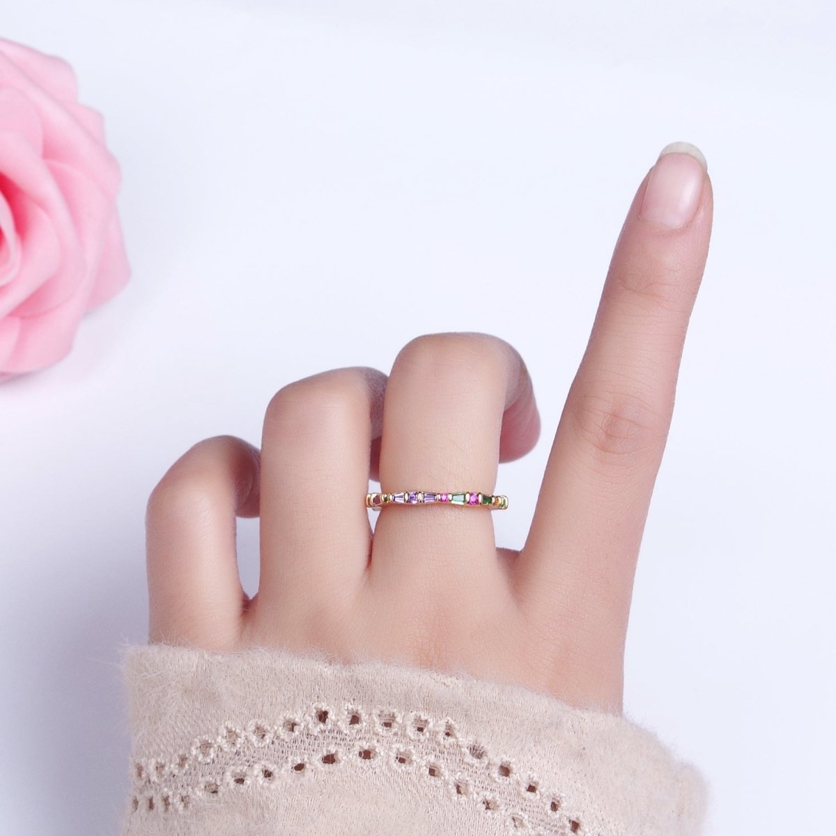 16K Gold Filled CZ Multicolor Round Baguette Lined Ring in Gold & Silver | O-1932 O-1933