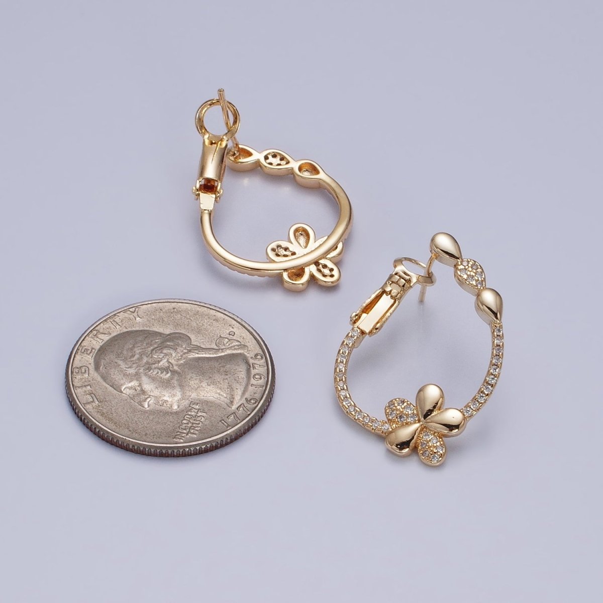 16K Gold Filled Daisy Flower CZ Micro Paved Front-Facing Hinge Hoop Earrings in Gold & Silver | AD1104 AD1105