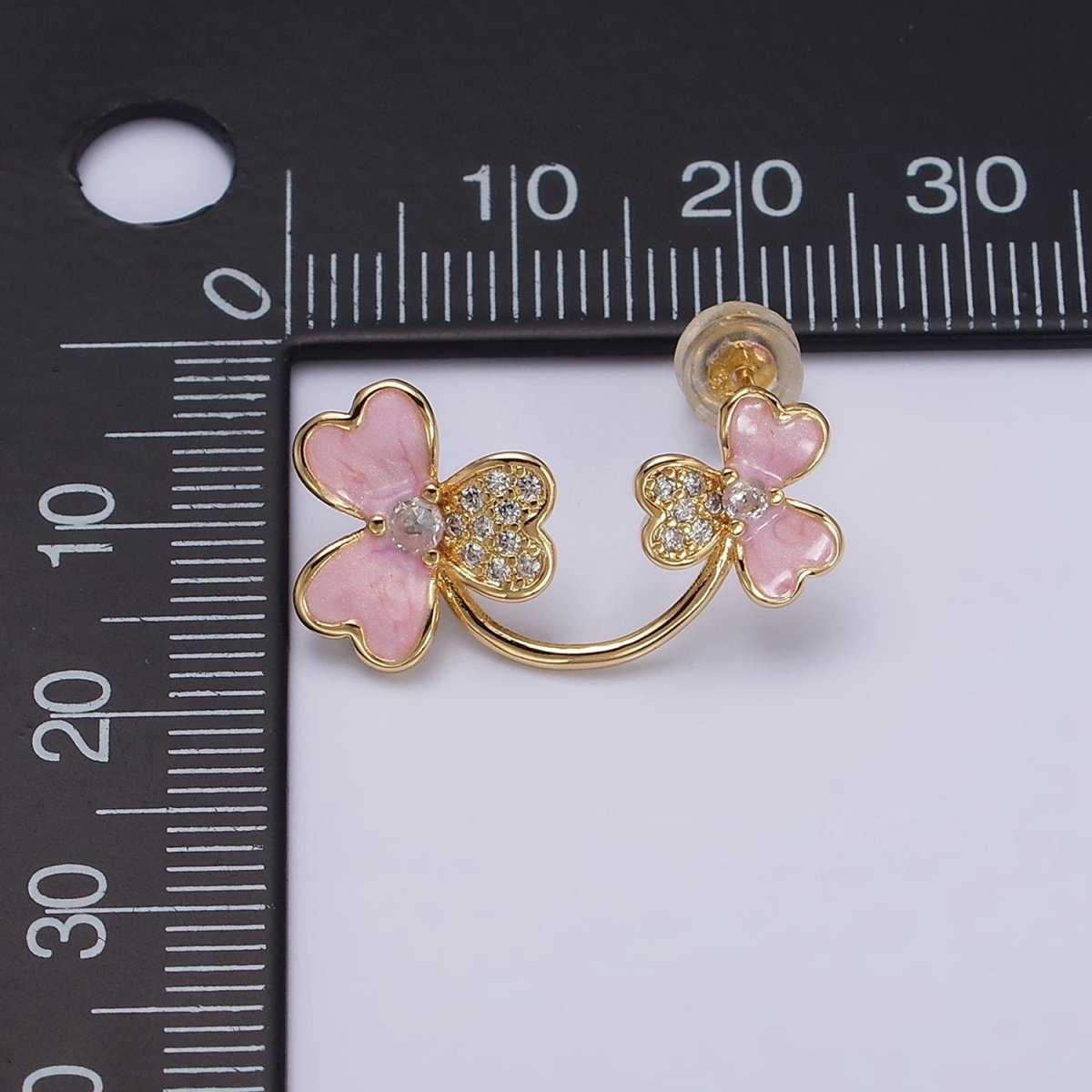 16K Gold Filled Double Flower Pink Sparkly Enamel Micro Paved Stud Earrings | AD1095