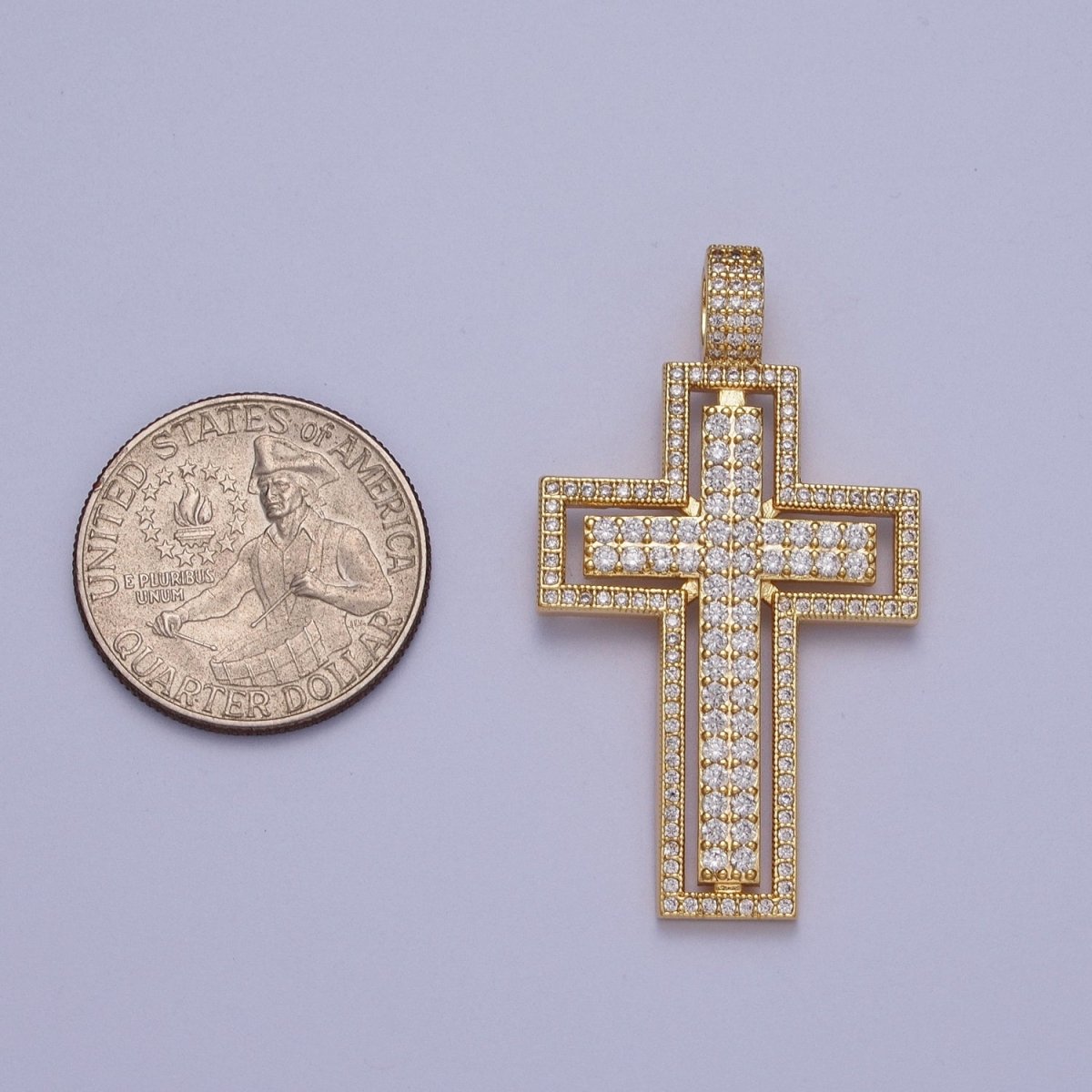 16K Gold Filled Double Micro Paved CZ Cross Pendant For Religious Jewelry Making | X-687
