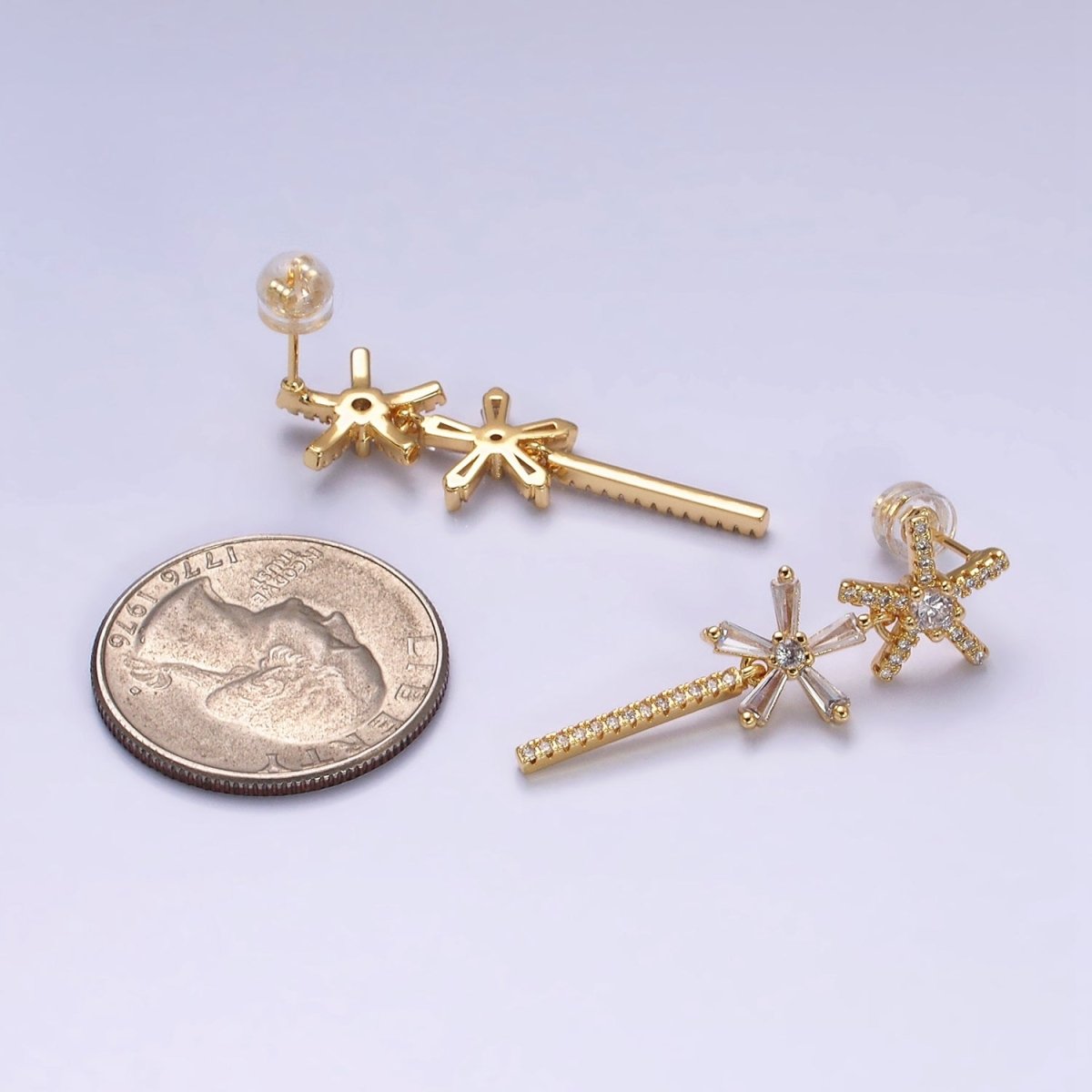 16K Gold Filled Double Star Flower Baguette Micro Paved CZ Bar Drop Stud Earrings in Gold & Silver | AD1136 AD1137