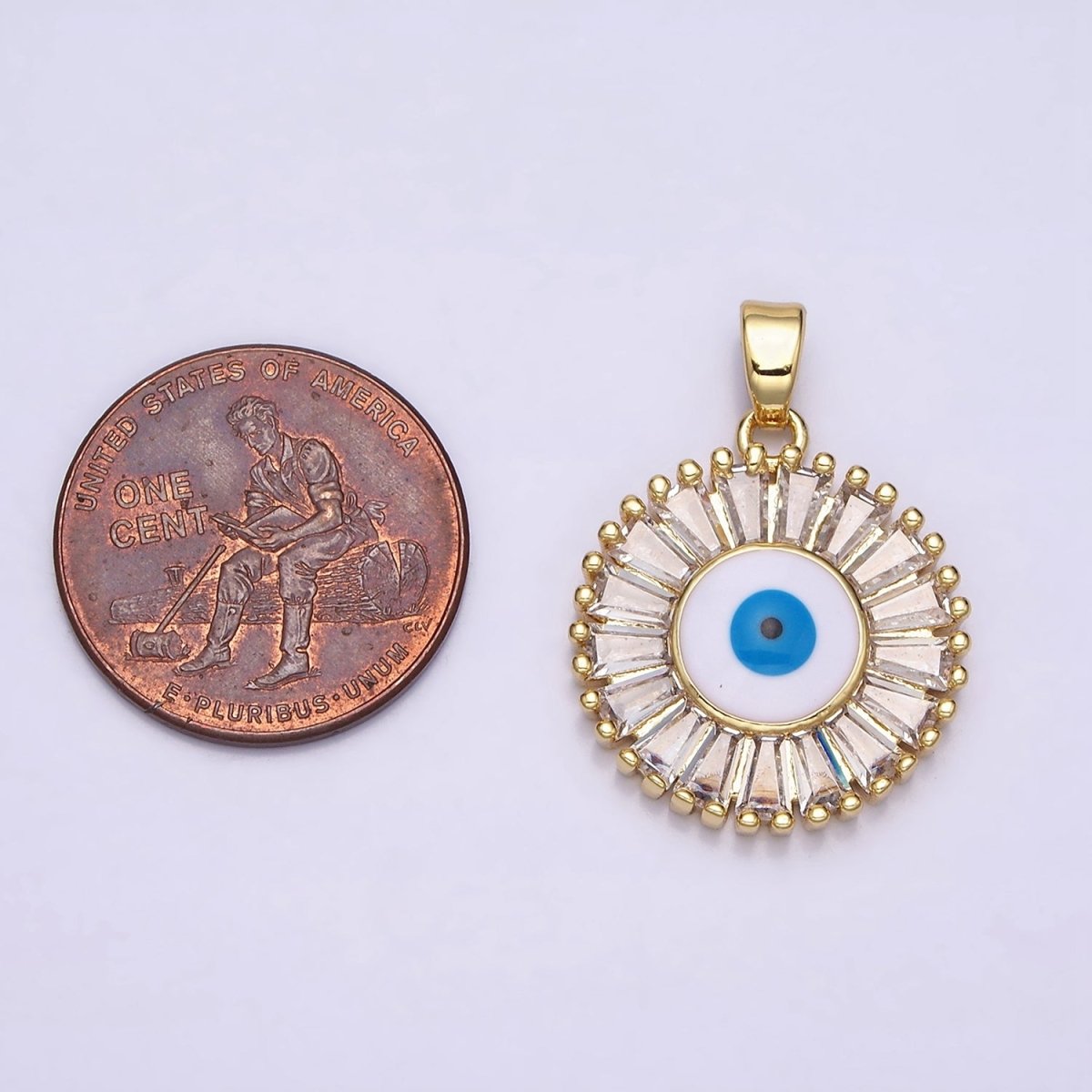 16K Gold Filled Evil Eye Enamel Clear Baguette CZ Round Pendant in Gold & Silver | AA480 AA481