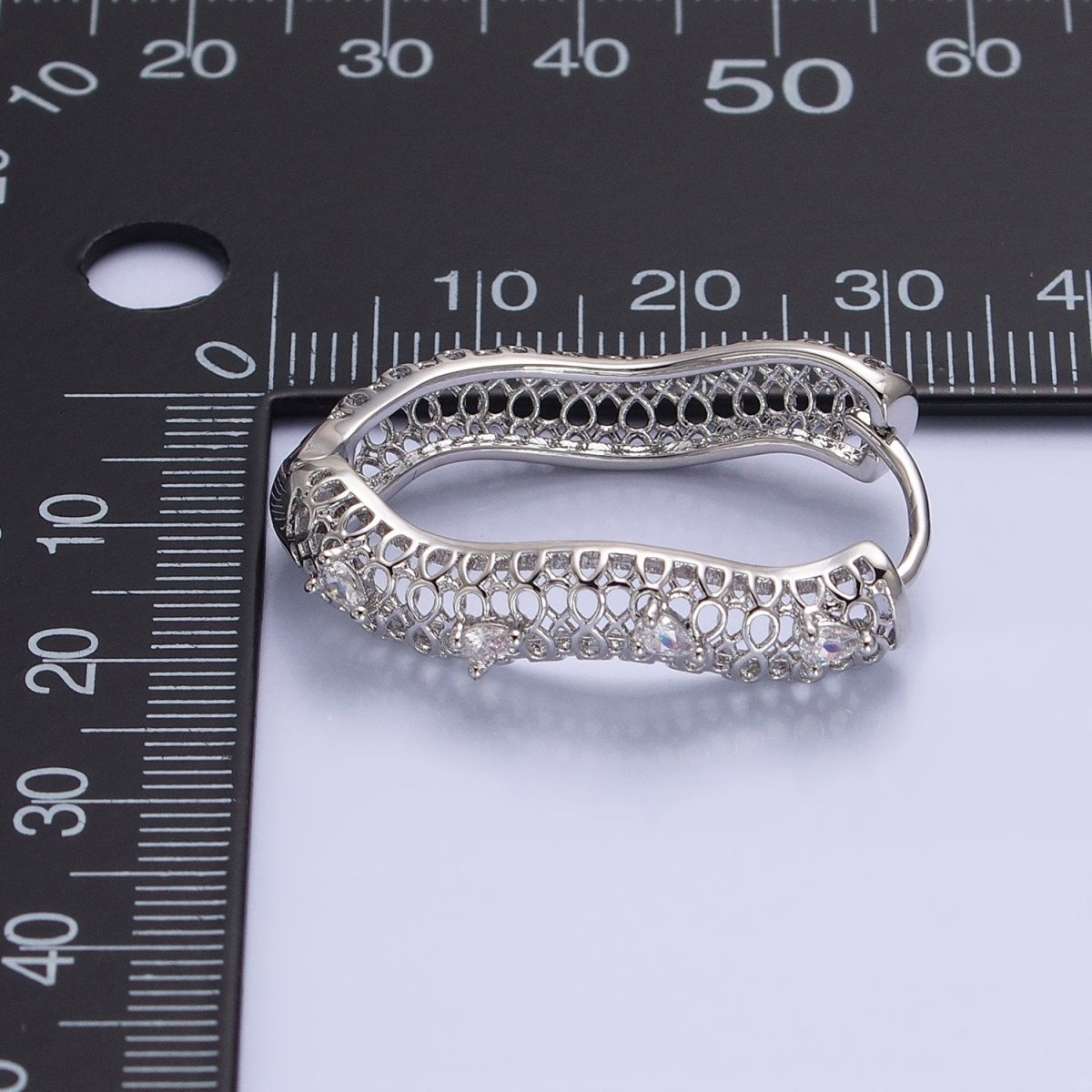 16K Gold Filled Filigree Geometric Wavy Teardrop CZ Dotted Oblong Hoop Earrings in Silver & Gold | AB1428 AD1190