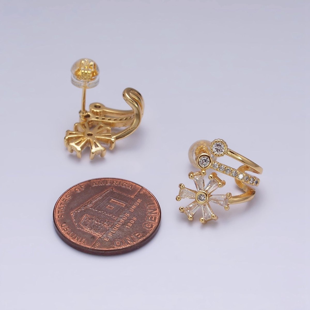 16K Gold Filled Flower Baguette Micro Paved CZ Triple Claw Stud Earrings in Gold & Silver | AD1230 AD1232