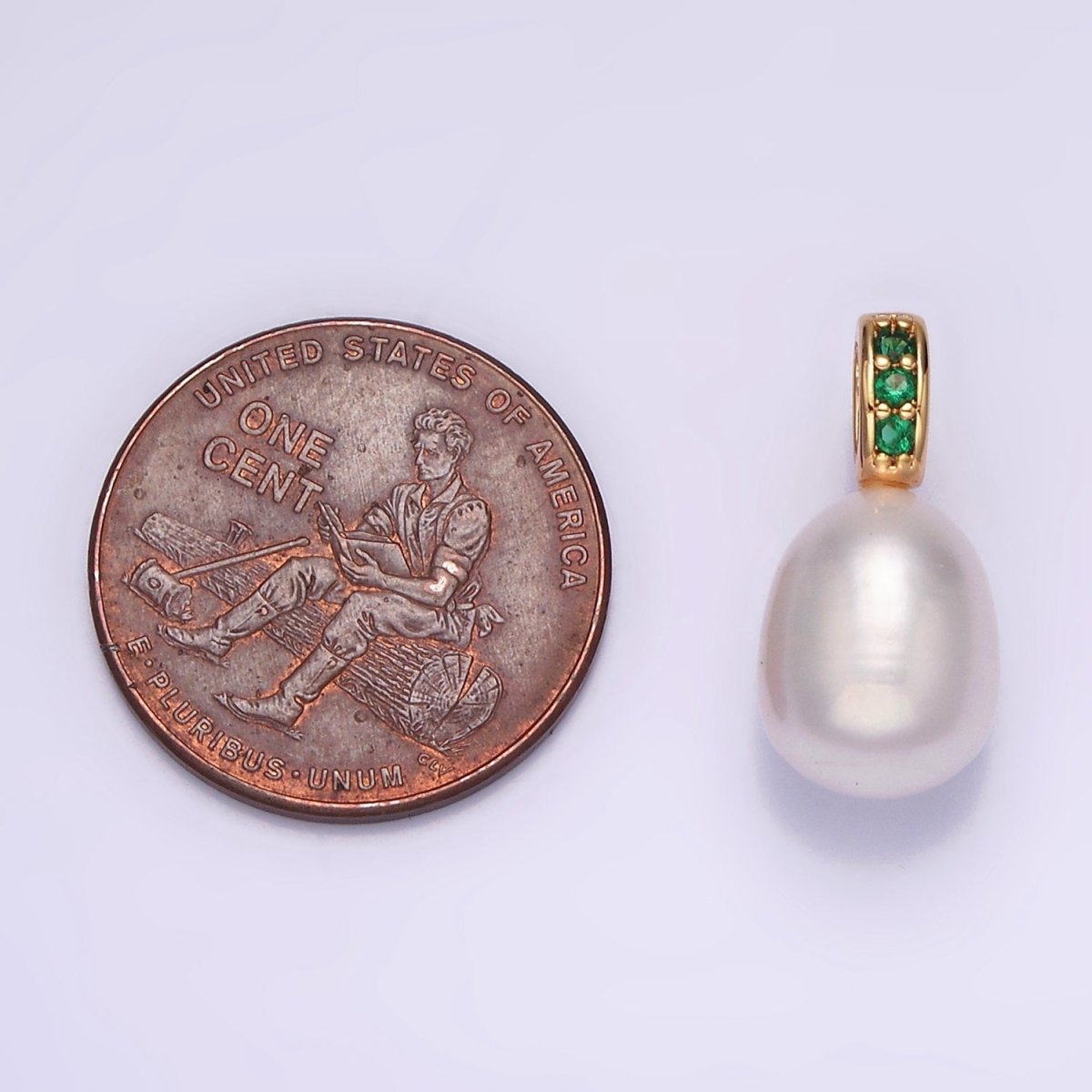 16K Gold Filled Freshwater Oval Pearl Triple Clear, Green CZ Micro Paved Bail Pendant | P1611 P1612