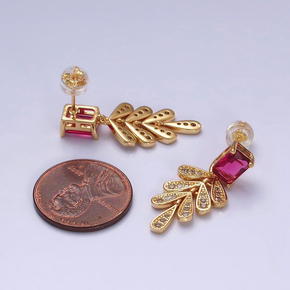 16K Gold Filled Fuchsia Baguette Micro Paved CZ Olive Leaf Drop Stud Earrings in Gold & Silver | AD1082 AD1083