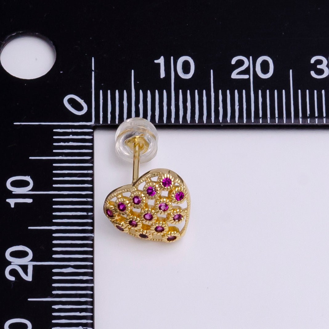 16K Gold Filled Fuchsia CZ Open Heart 10mm Stud Earrings in Gold & Silver | AE781 AE792