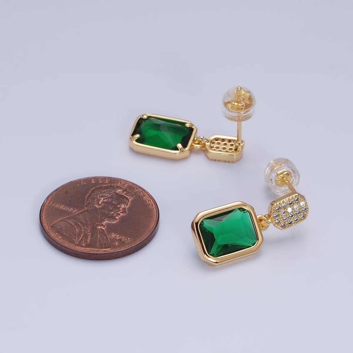 16K Gold Filled Fuchsia, Green Multifaceted Baguette CZ Drop Micro Paved Bar Stud Earrings in Gold & Silver | AD1112 - AS1115