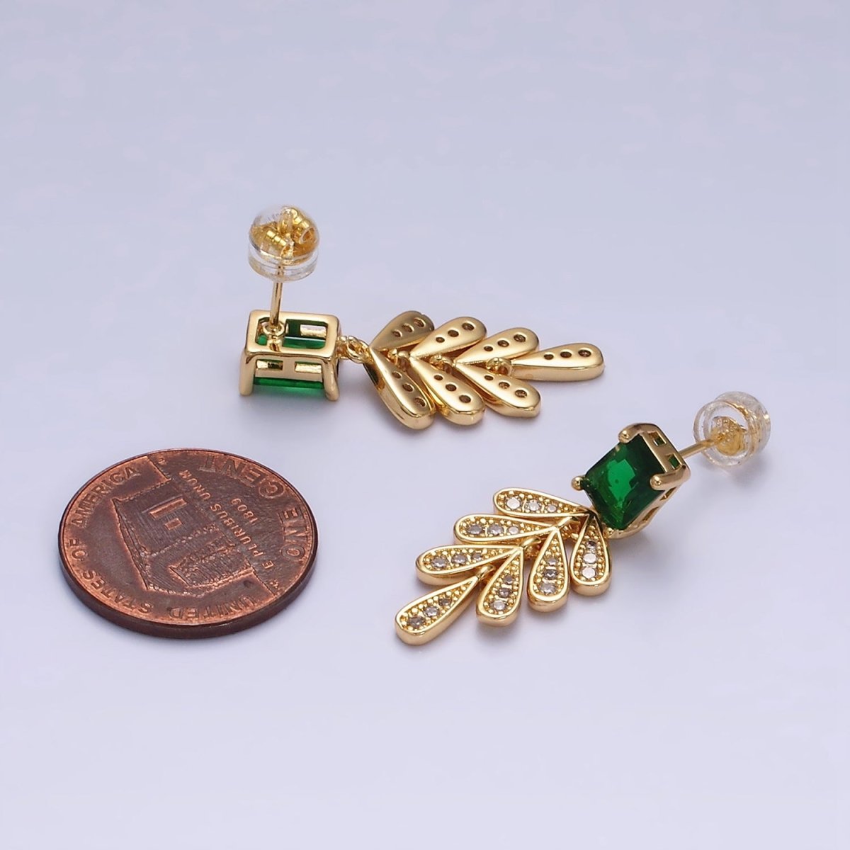 16K Gold Filled Green Baguette Micro Paved CZ Olive Leaf Drop Stud Earrings in Gold & Silver | AD1187 AD1228