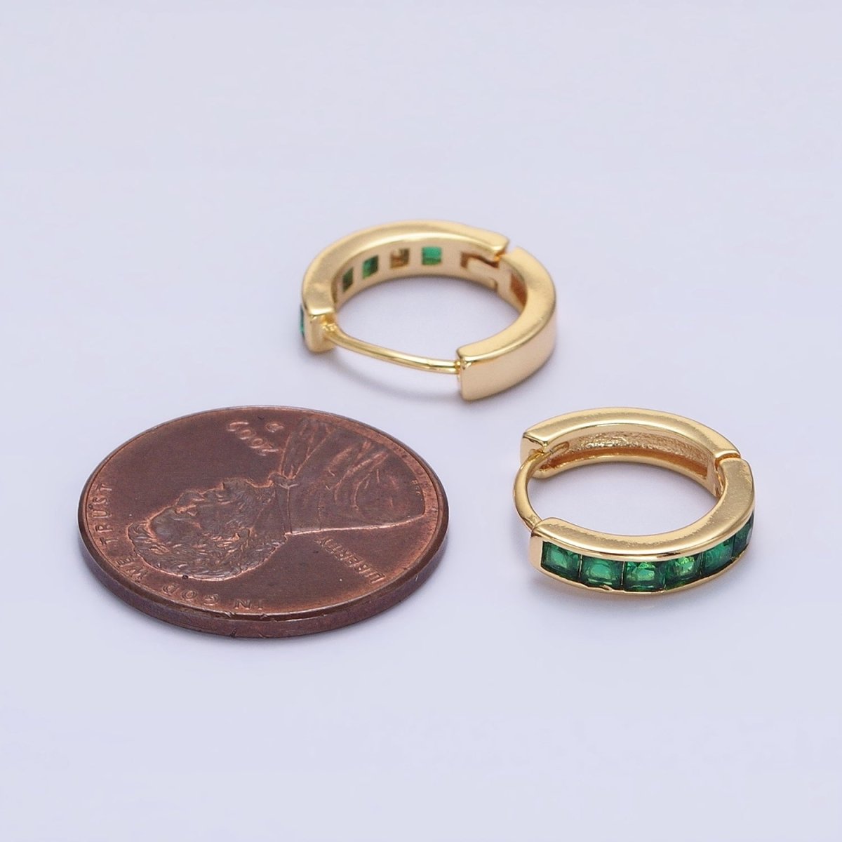 16K Gold Filled Green, Clear, Turquoise Square CZ Lined 13mm Cartilage Huggie Earrings in Gold & Silver | AB659 AB958 - AB960 AB1502 AB1503
