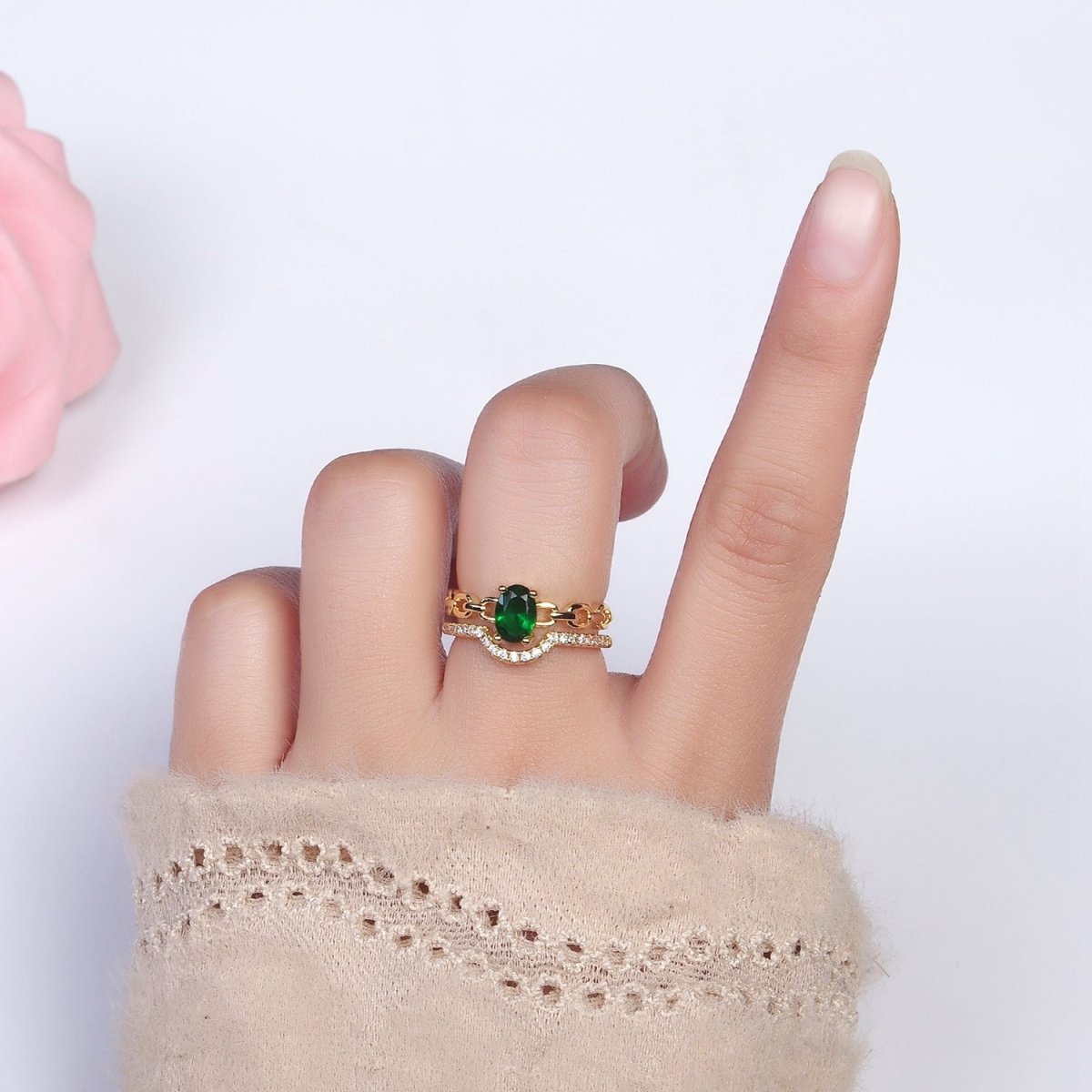 16K Gold Filled Green CZ Oval Cable Link Micro Paved CZ Double Band Ring | O-009
