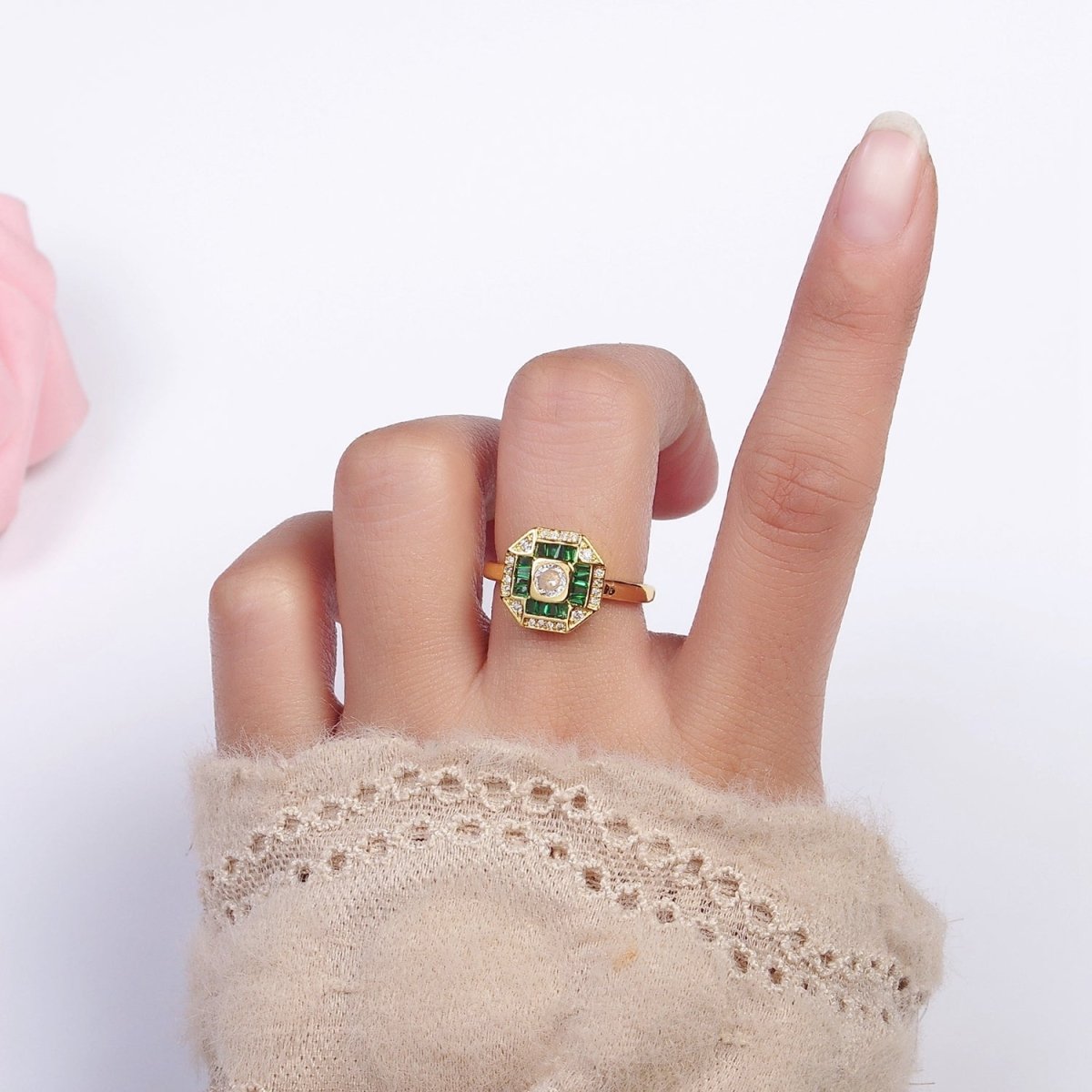 16K Gold Filled Green, Fuchsia CZ Baguette Micro Paved Hexagonal Ring in Gold & Silver | O-1589 O-1590 O-1591 O-1592