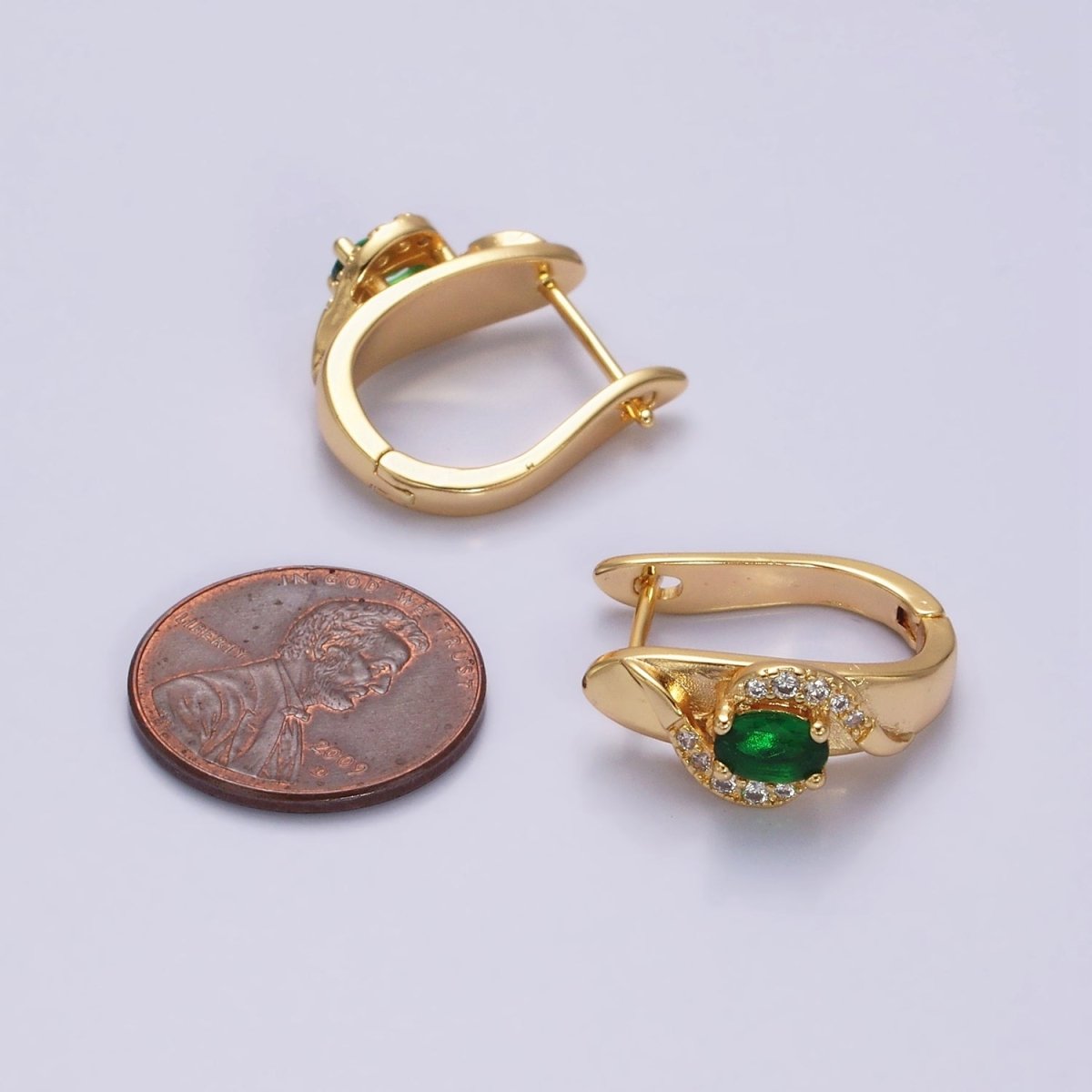 16K Gold Filled Green Oval Micro Paved Curved English Lock Earrings in Gold & Silver | AD-345 AD-346