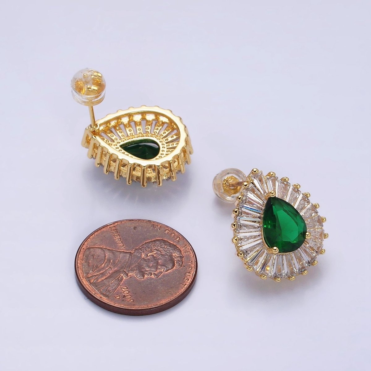 16K Gold Filled Green Teardrop CZ Baguette Stud Earrings in Gold & Silver | AD1084 AD1085