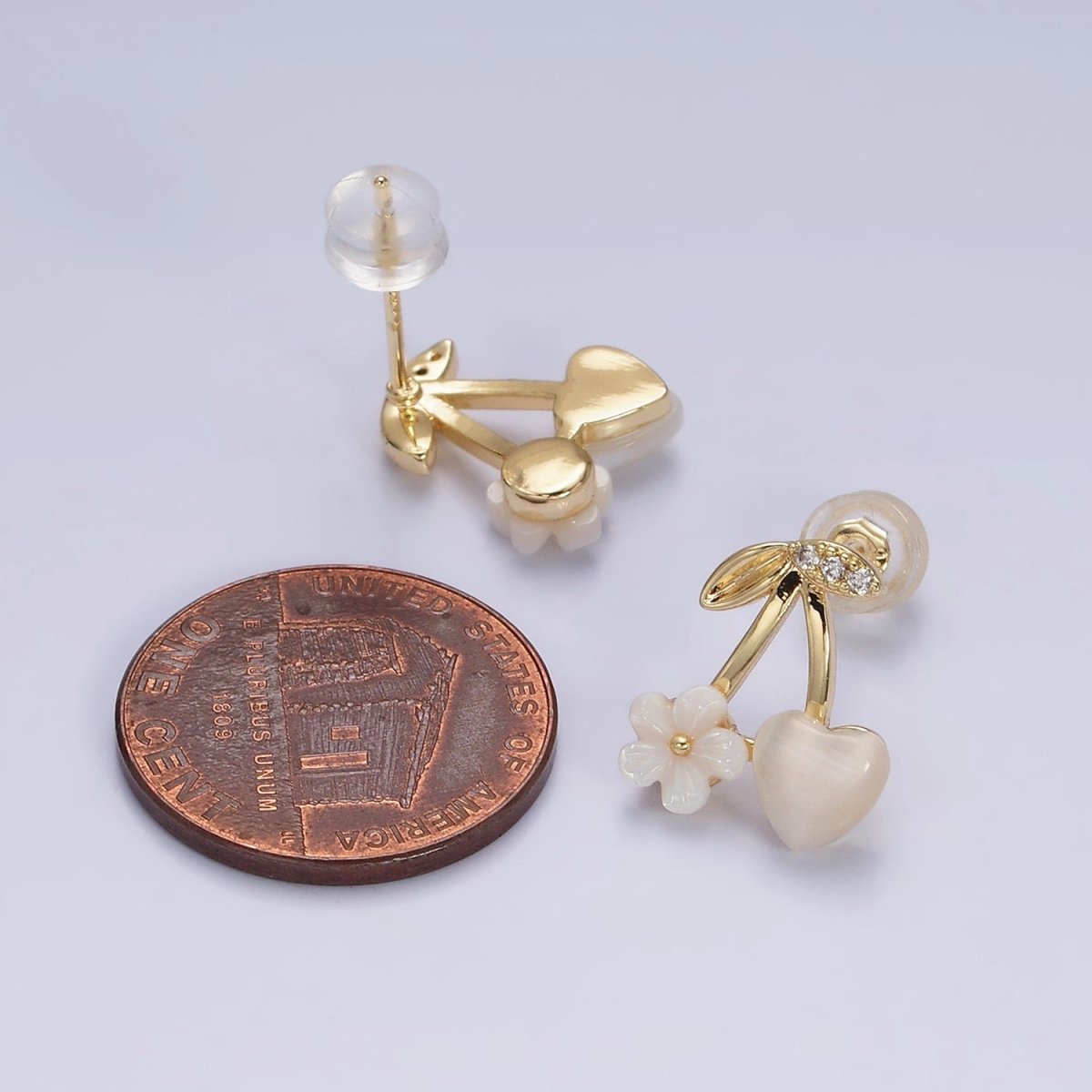16K Gold Filled Heart Cats Eye Acrylic White Flower Cherry Stud Earrings in Gold & Silver | AD1234 AD1236