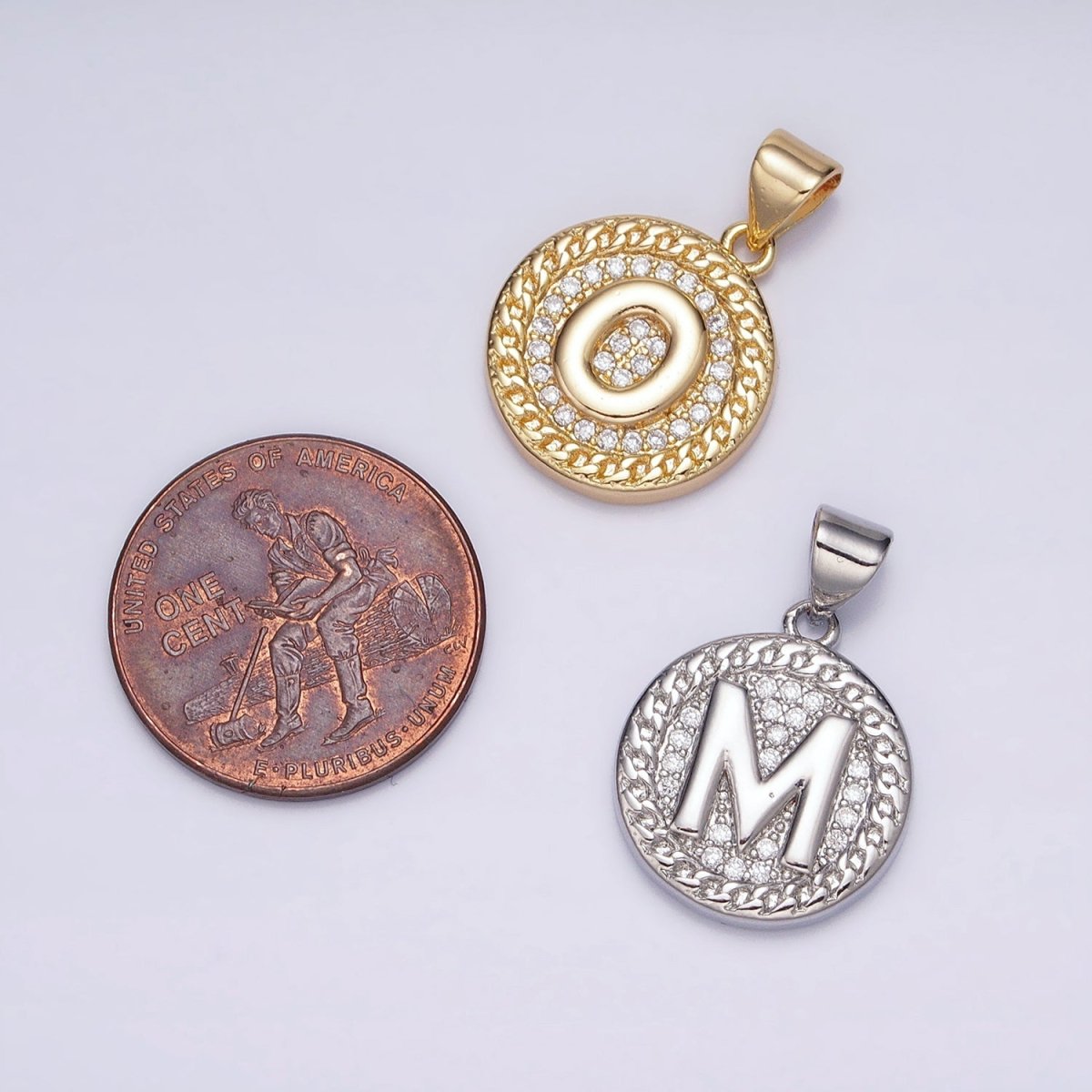 16K Gold Filled Initial Letter A-Z Micro Paved Curb Link Round Coin Pendant | A-442-A-454