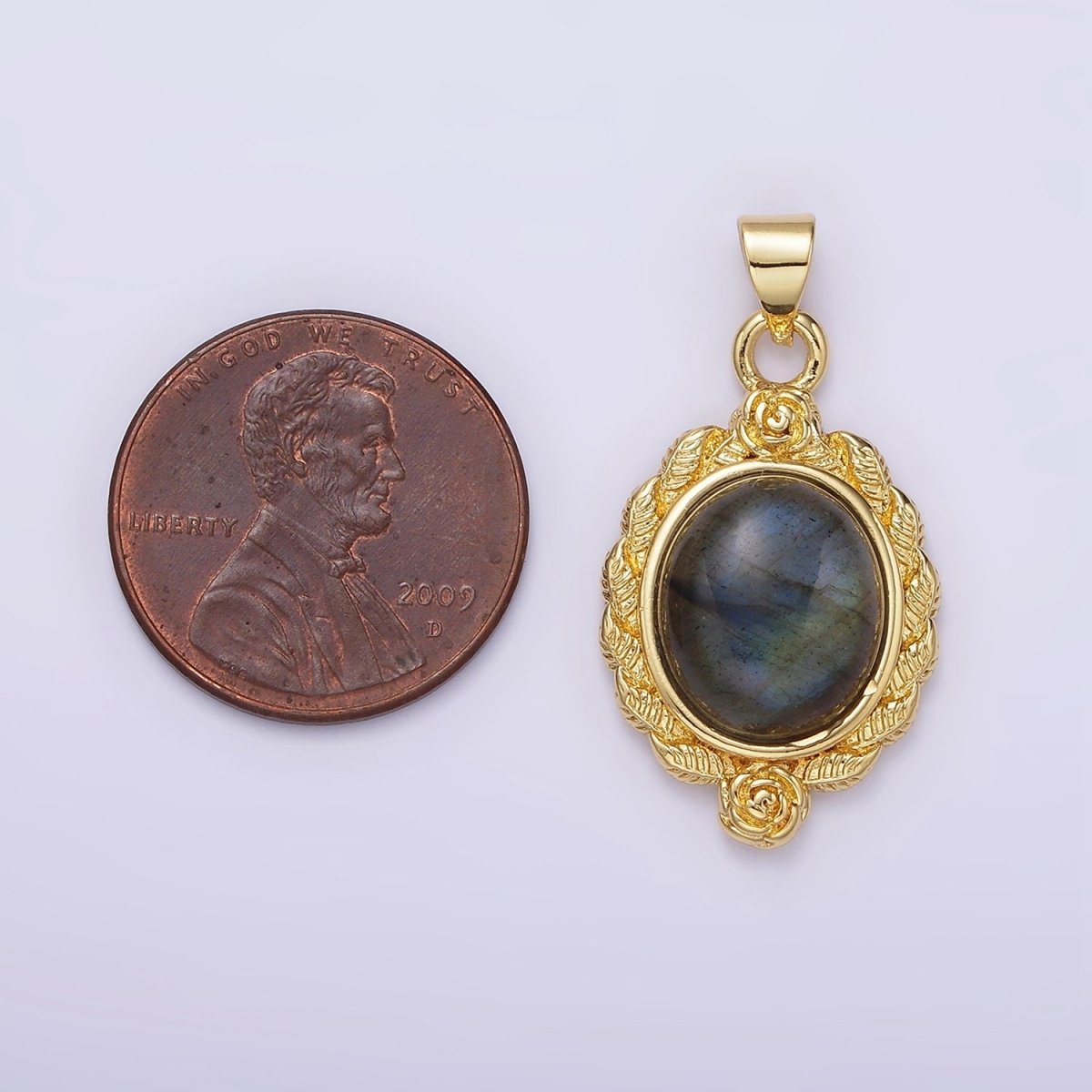 16K Gold Filled Labradorite Cabochon Rose Flower Leaf Outline Oval Pendant | N1782